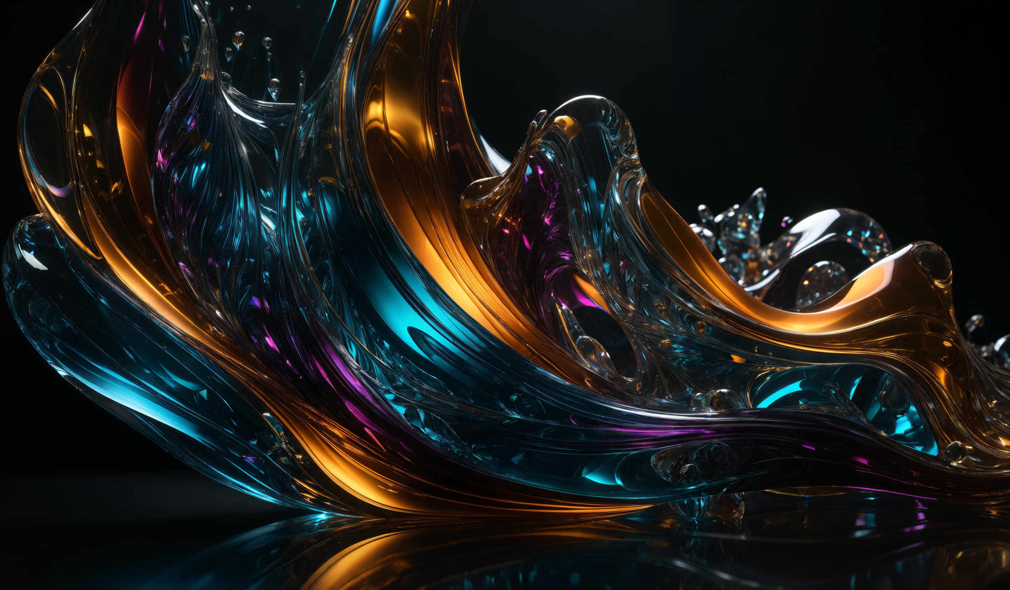 The image showcases a visually captivating abstract formation. It features a mix of vibrant colors, predominantly shades of blue, gold, and purple, intertwined in fluid-like patterns. The shapes are organic and wavy, resembling dripping or melting glass or liquid. The formation is set against a dark background, which accentuates the colors and gives the image a sense of depth and dimension.