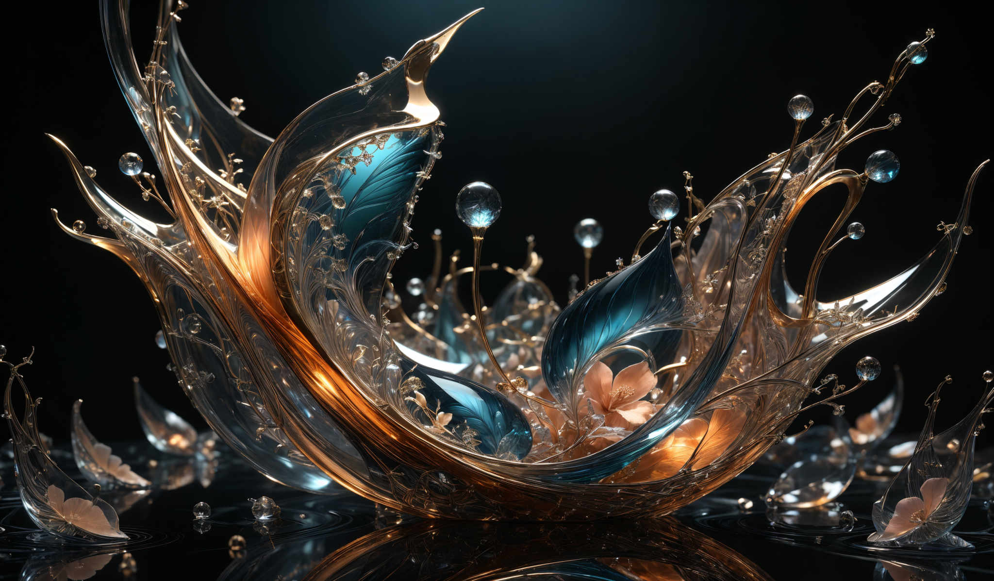 The image showcases a visually stunning and intricate design. It features a mix of translucent and reflective materials, predominantly in shades of blue, gold, and clear. The design appears to be a fluid or liquid structure, reminiscent of a sculpture, with swirling patterns and droplets. There are also delicate flower-like structures embedded within the design, adding to its organic and elegant appearance.