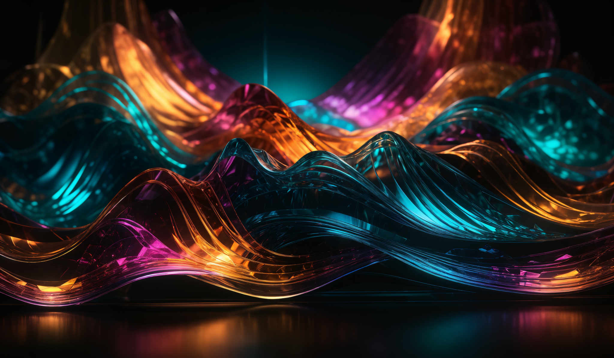 The image showcases a vibrant and intricate digital artwork. It features wavy, flowing lines that resemble abstract waves or mountains. These lines are rendered in a spectrum of colors, including deep blues, fiery oranges, and radiant purples. The interplay of light and shadow gives the image a three-dimensional appearance, making the colors pop and creating a sense of depth.