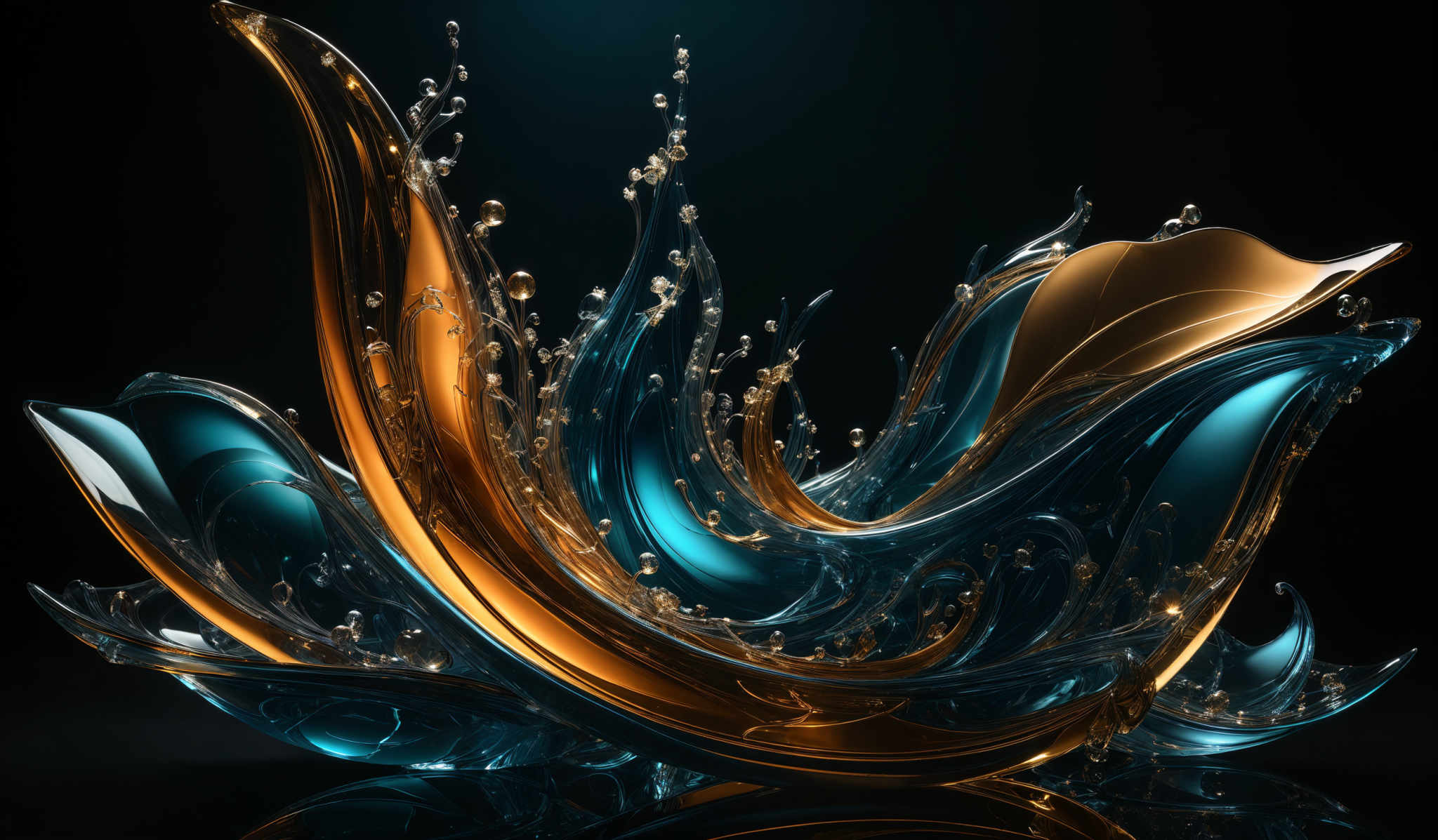 The image showcases a visually captivating abstract design. It features a blend of vibrant colors, predominantly shades of blue and gold. The shapes are fluid and organic, resembling waves or petals, with intricate details that give it a sense of motion and depth. The gold appears to be dripping or splashing onto the blue, creating a dynamic contrast between the two colors.