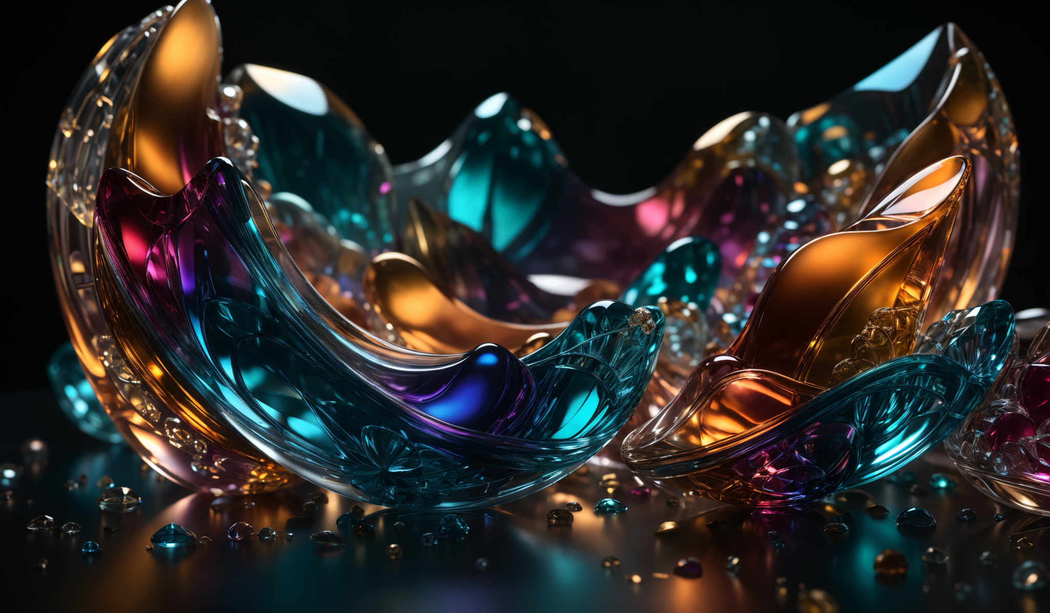 The image showcases a collection of abstract, glass-like structures that appear to be made of a transparent material. These structures have a fluid, wavy shape, reminiscent of melting glass or liquid. They are adorned with various colors, including shades of blue, purple, gold, and amber. The structures are surrounded by smaller, scattered gems or beads that reflect light in different hues. The background is dark, which accentuates the vibrant colors of the structures and makes them stand out prominently.