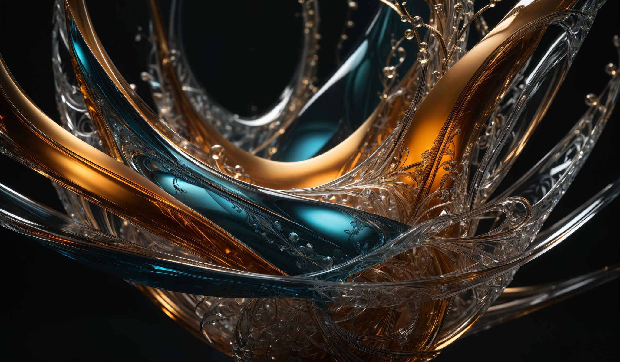 The image showcases a complex and intricate design with a mix of colors. The dominant colors are shades of blue, gold, and clear glass. The shapes are fluid and organic, resembling intertwined tendrils or branches. The design appears to be a digital artwork, possibly representing a molecular structure or abstract representation of fluid dynamics.