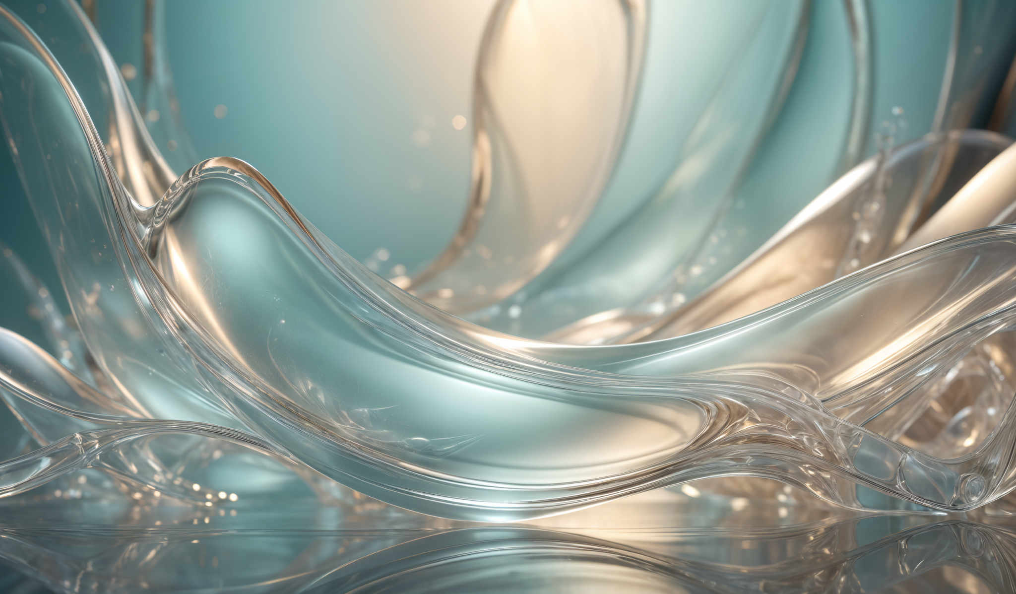 The image showcases a vibrant and intricate design of clear, liquid-like structures. These structures have a wavy and fluid form, reminiscent of glass or water. They are predominantly clear with hints of blue and white, giving them a translucent and ethereal appearance. The shapes are organic and flowing, with curves and loops that seem to be in motion. The background is a gradient of teal and blue, which complements the colors of the structures and adds depth to the overall composition.