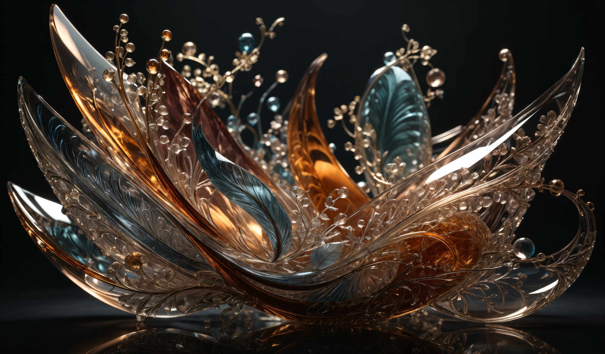 The image showcases intricate glass or crystal formations that resemble organic structures. The formations are primarily in hues of blue, gold, and clear glass. They have a complex, swirling pattern, reminiscent of feathers or leaves. The gold and blue shades are interspersed with clear glass, creating a beautiful contrast. The shapes are fluid and graceful, with curves and loops that give the impression of movement. The background is dark, which accentuates the luminosity and translucence of the formations.