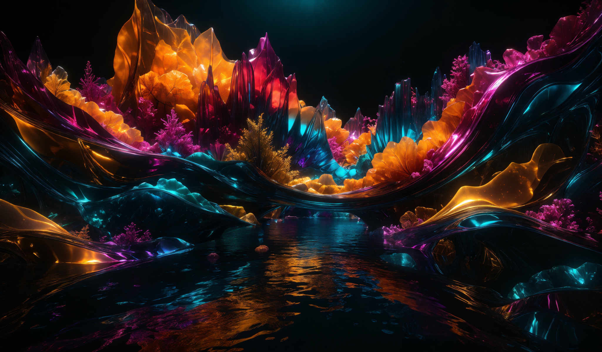 The image showcases a vibrant and mesmerizing landscape. It features towering crystalline structures in hues of orange, pink, and blue, which seem to be rising from a serene body of water. The water reflects the colors of the crystals, creating a shimmering effect. The landscape is adorned with trees and foliage that appear to be made of the same translucent material as the crystal formations, adding to the dreamlike quality of the scene.