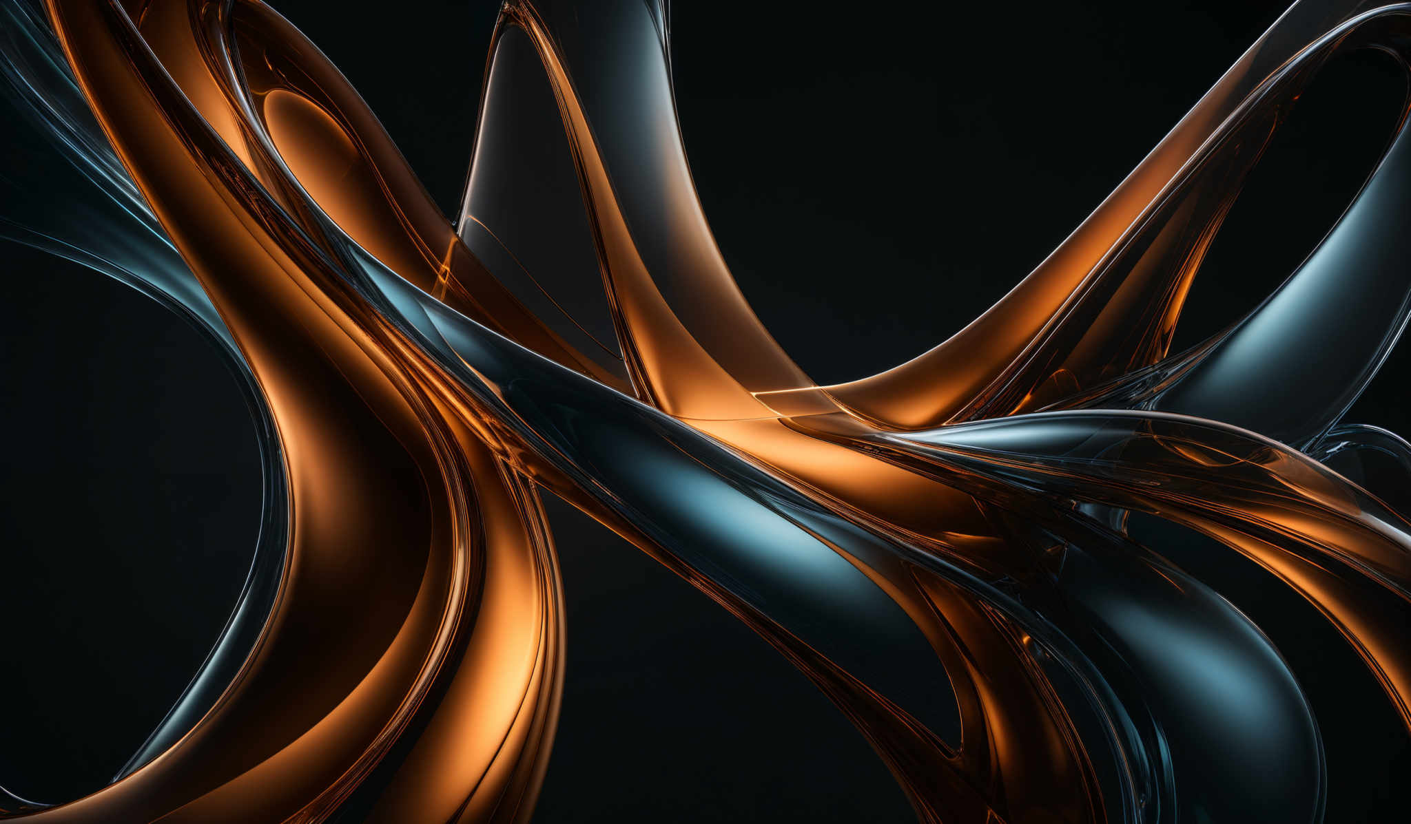 The image showcases a dynamic interplay of colors and shapes. It features flowing, curvilinear forms in a mix of deep blue and fiery orange hues. The shapes resemble liquid or molten substances, with the blue appearing cool and the orange exuding warmth. The intertwining of these forms creates a visually captivating and abstract composition against a dark background.