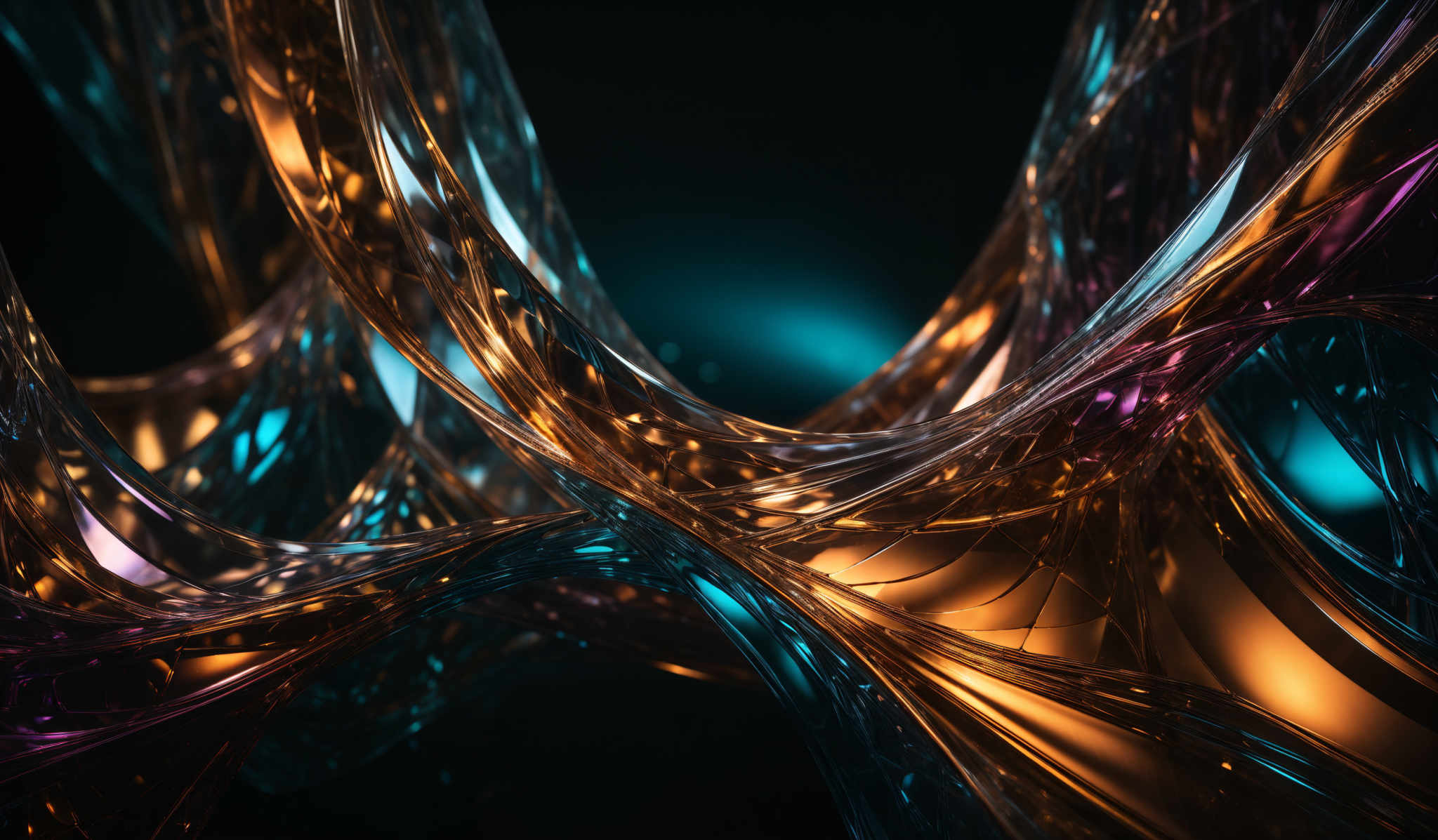 The image showcases a complex and intricate design of intertwined structures that resemble swirling glass or crystal formations. The predominant colors are shades of blue, gold, and purple, creating a visually stunning contrast. The shapes are curvy and fluid, with sharp edges and curves, giving the impression of dynamic movement. The structures seem to be made of a translucent material, allowing light to pass through and reflect in various colors, adding depth and dimension to the image's overall appearance.