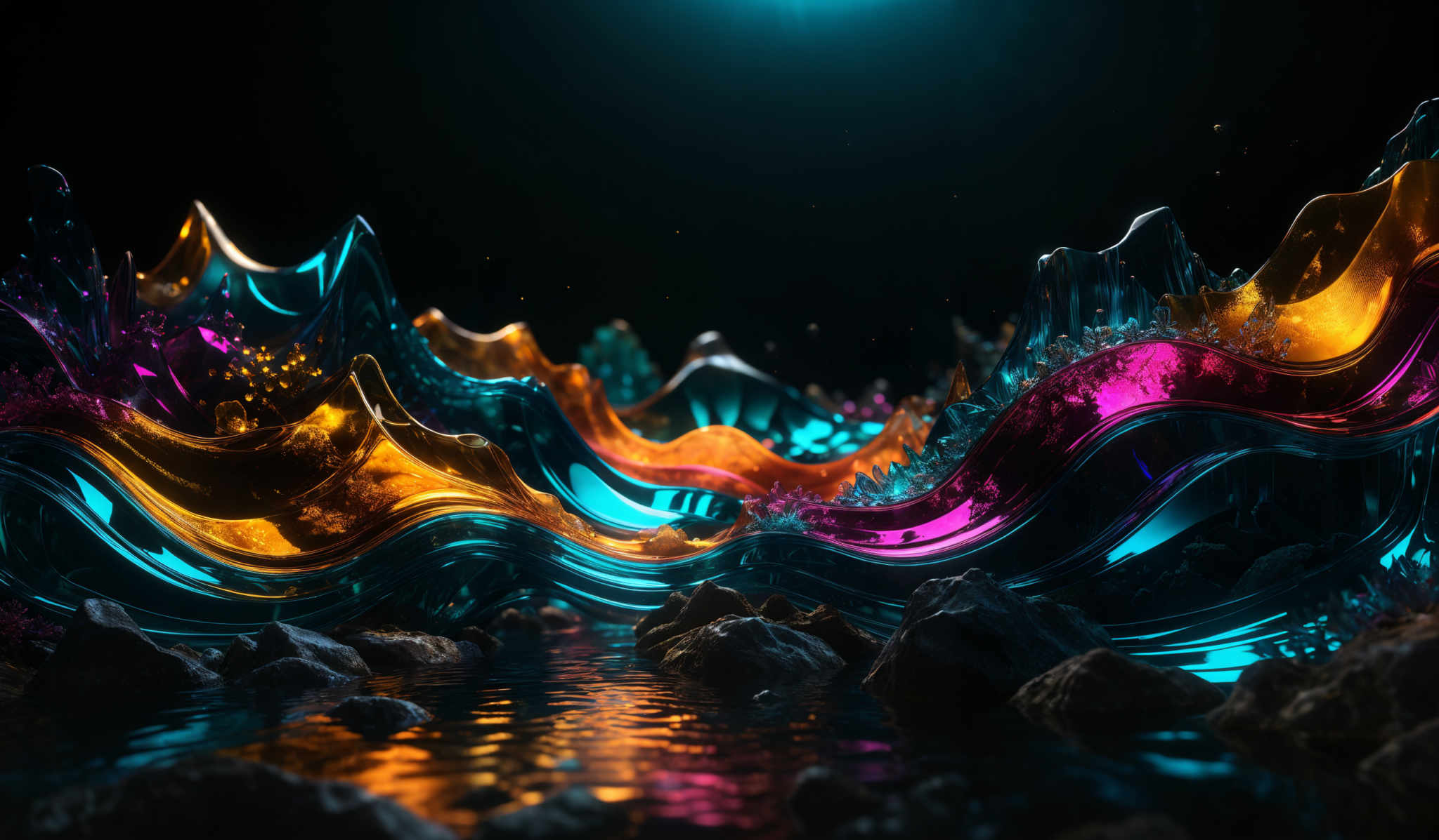 The image showcases a vibrant and dynamic abstract scene. It features wavy, liquid-like structures in hues of blue, orange, pink, and purple. These structures appear to be flowing and intertwining, creating a sense of movement. The background is dark, which accentuates the luminescence of the colors. There are also rocky formations at the bottom, suggesting that this abstract landscape might be situated near a water body or cliff.