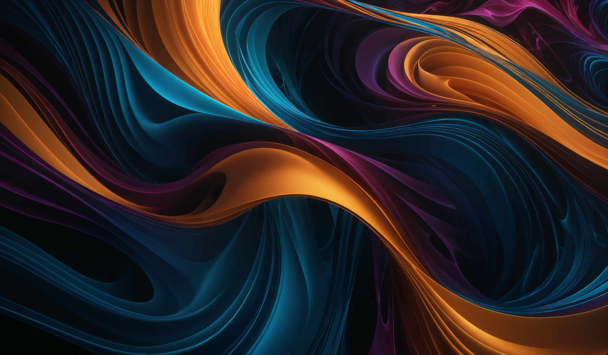 The image showcases a vibrant and dynamic abstract design. It features a myriad of colors, including deep blues, fiery oranges, and rich purples, intertwined in fluid, wavy patterns. The shapes are reminiscent of flowing liquids or waves, with curves and undulations that give the impression of movement and fluidity. The overall effect is both mesmerizing and visually captivating, inviting viewers to lose themselves in the intricate details and vibrations of the design.