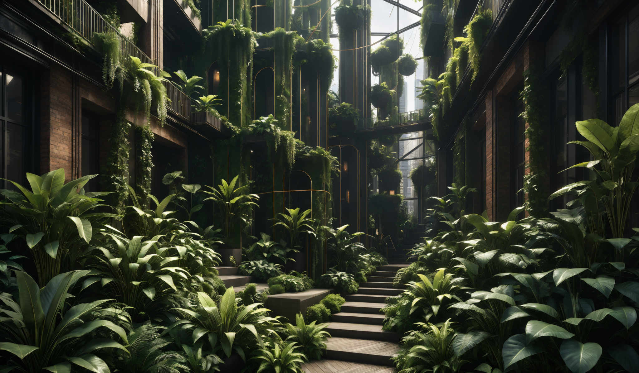 The image showcases a lush indoor garden setting. The dominant colors are various shades of green, representing the abundant foliage. The plants are diverse in shape, with some having long, hanging vines, while others are bushy and dense. There are also vertical structures, possibly made of metal, that support the hanging plants. The architecture of the space includes brick walls, large windows, and a wooden floor. The overall ambiance is serene and nature-inspired, creating a harmonious blend of urban and natural elements.