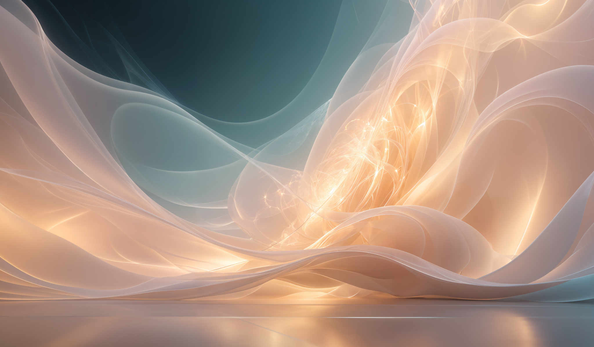 The image showcases a mesmerizing interplay of colors and shapes. Dominating the scene are soft, flowing curves that resemble swirling smoke or fabric. These curves are bathed in a gentle glow, with hues of peach, gold, and soft blue. The background is a deep teal, providing a stark contrast to the luminous foreground. The overall effect is both ethereal and dynamic, as if capturing a moment of transformation or energy.