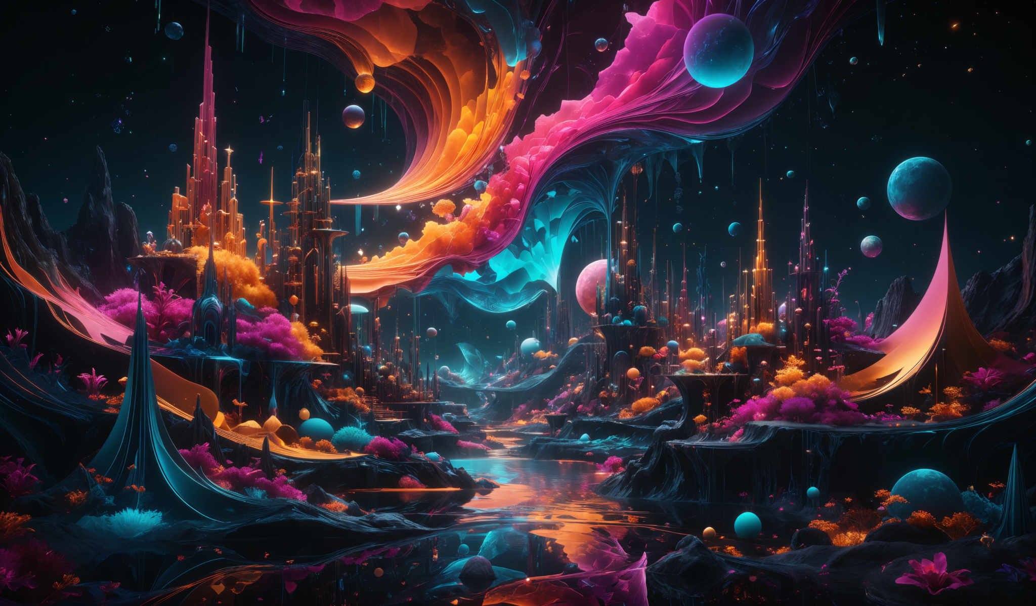 The image showcases a vibrant and surreal landscape. It features swirling patterns of vivid colors, predominantly shades of pink, orange, and blue, that seem to flow and intertwine, creating an ethereal atmosphere. The landscape is dotted with towering spires and structures that resemble ancient or fantastical buildings. These structures are illuminated, giving them a golden hue. The ground is adorned with various flora, including trees and bushes, all in shades that complement the dominant colors in the sky. There are also floating islands or platforms, and the entire scene is set against a backdrop of a starry night sky.