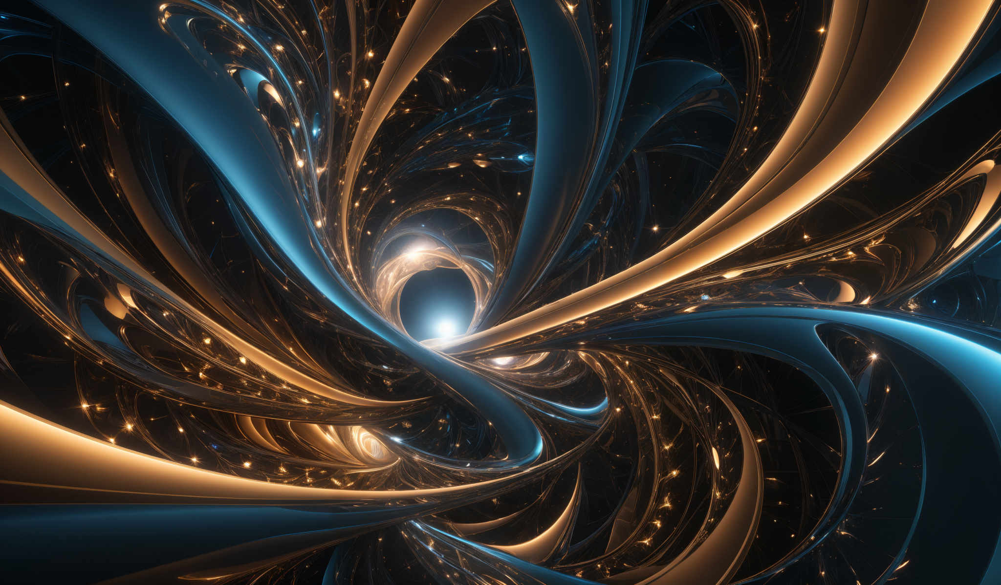 The image showcases a mesmerizing abstract design with a mix of deep blue and golden hues. The design is characterized by intricate, swirling patterns that resemble flowing liquid or energy. The shapes are fluid and organic, with curves and twists that lead the viewer's eye into the center of the image, where a bright light emanates. The interplay of light and shadow, combined with the reflective quality of the design, creates a sense of depth and dimension.