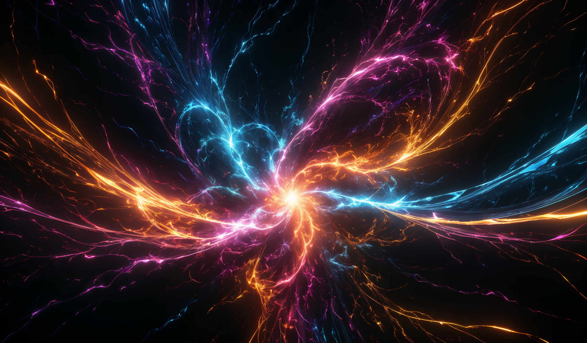 The image showcases a vibrant and dynamic interplay of colors. At the center, there's a bright, glowing light source emanating a golden hue. Surrounding this light are swirling tendrils of electric blue and fiery orange, resembling tendons or streams of energy. These tendrills radiate outwards, intertwining and overlapping, creating a mesmerizing pattern. The background is dark, which accentuates the brightness and vibrancy of the colors.