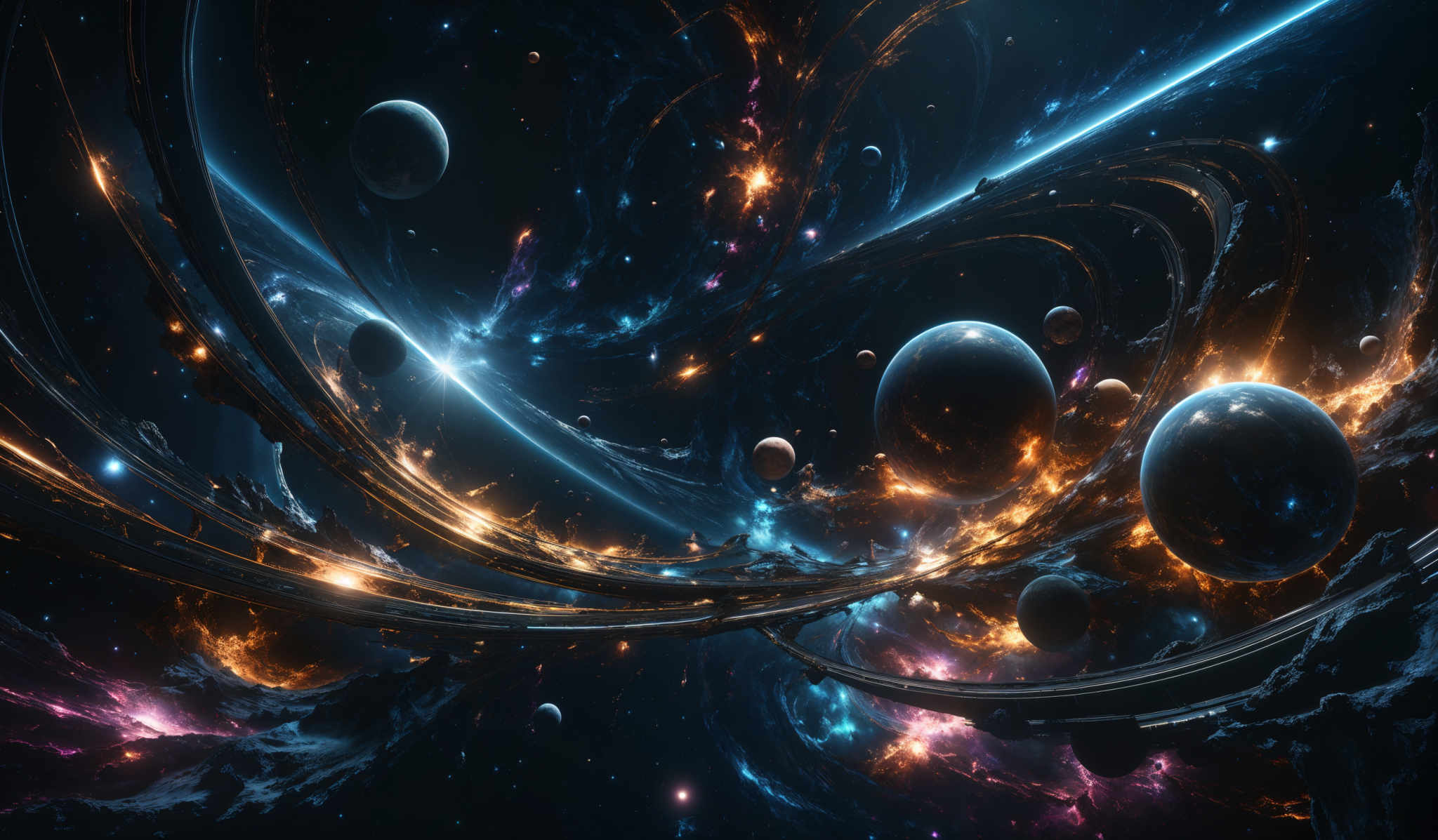 The image showcases a vibrant and mesmerizing cosmic scene. Dominated by deep blues and fiery oranges, it features a swirling pattern of glowing energy and light. Multiple celestial bodies, possibly planets or moons, are scattered throughout the scene. These bodies vary in size and are surrounded by intricate patterns of light and energy, giving them a luminous appearance. The overall composition is both ethereal and dynamic, capturing the vastness and beauty of space.