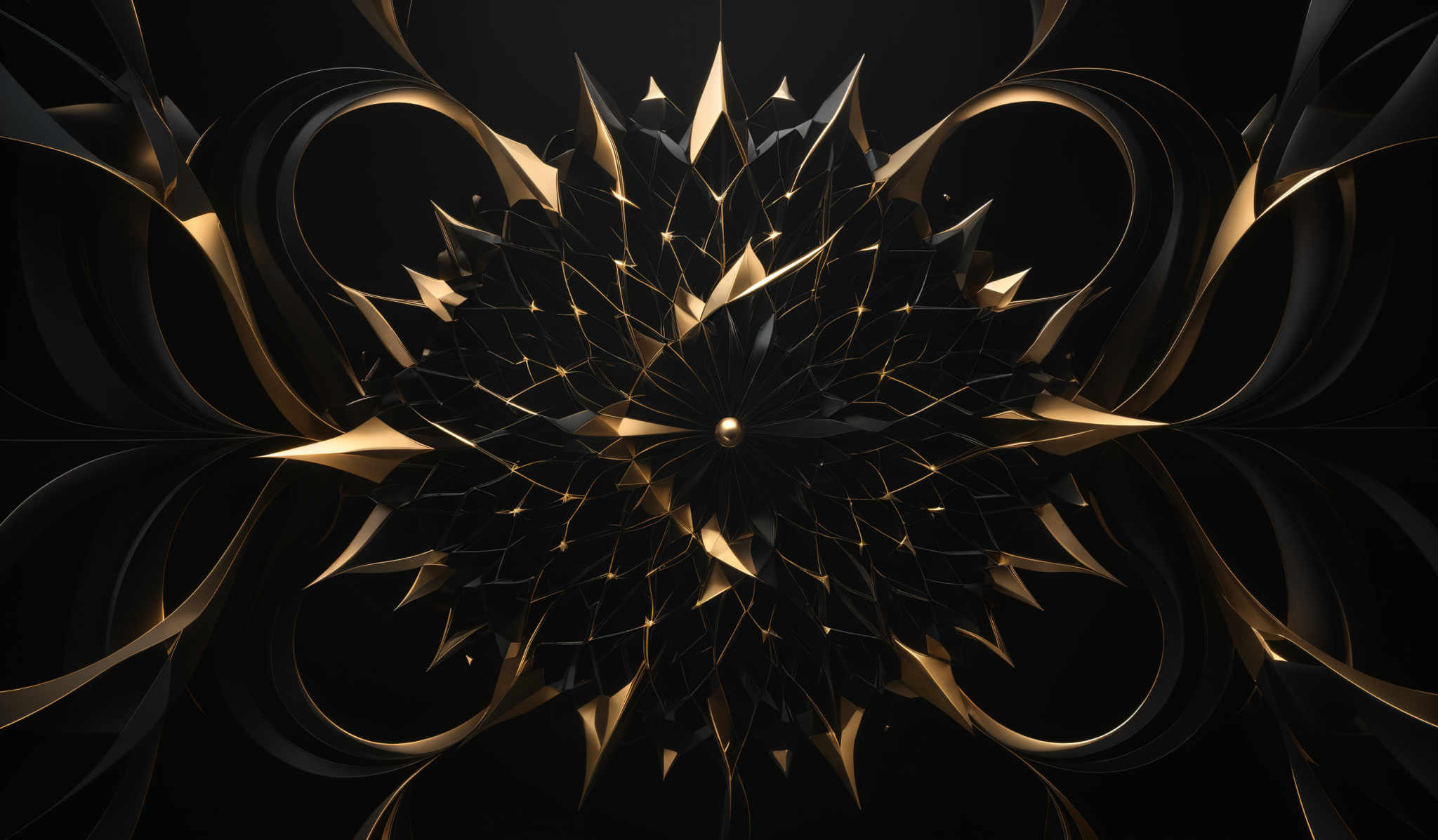 The image showcases a complex, abstract design with predominant colors of black and gold. The shape is intricate, resembling a spiky, multi-layered structure with sharp edges. The central part of the design appears to be a burst of golden spikes emanating outwards, surrounded by swirling black curves. The overall effect is both mesmerizing and intense, evoking feelings of depth and complexity.