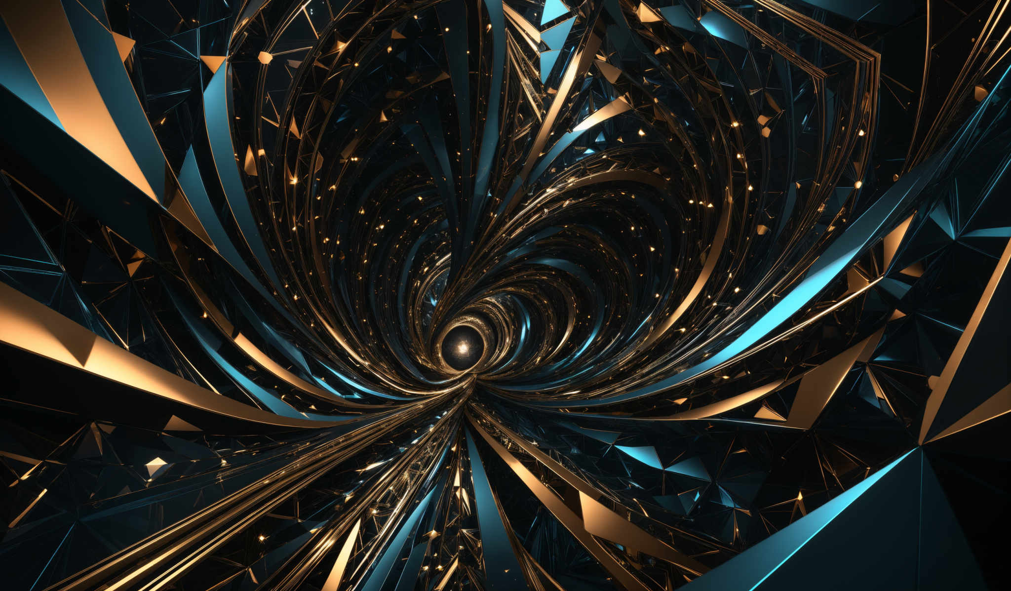 The image showcases a mesmerizing digital artwork. It predominantly features a spiral of reflective, metallic surfaces that appear to be made of polished metal or glass. The spiral is adorned with intricate patterns and designs, and it is surrounded by a multitude of triangular shapes that give it a crystalline appearance. The dominant colors in the artwork are deep blues, golds, and blacks, creating a contrast that adds depth and dimension to the scene. The center of the spiral emits a bright light, possibly representing a source of energy or a focal point.