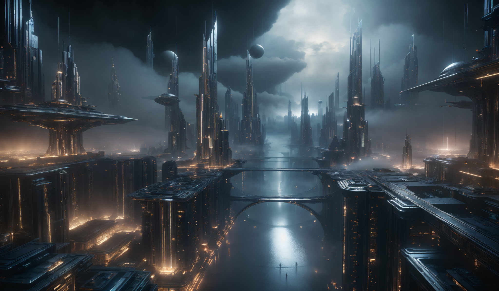 The image showcases a futuristic cityscape with towering skyscrapers reaching into the sky. The buildings are predominantly dark, with metallic sheen, and are interspersed with bright lights, giving them a neon-like glow. The sky is overcast with dark clouds, and there are multiple celestial bodies, possibly moons or planets, visible. The city is built over a river or canal, with bridges connecting different parts. The overall color palette is dominated by dark blues, blacks, and hints of gold from the lights.