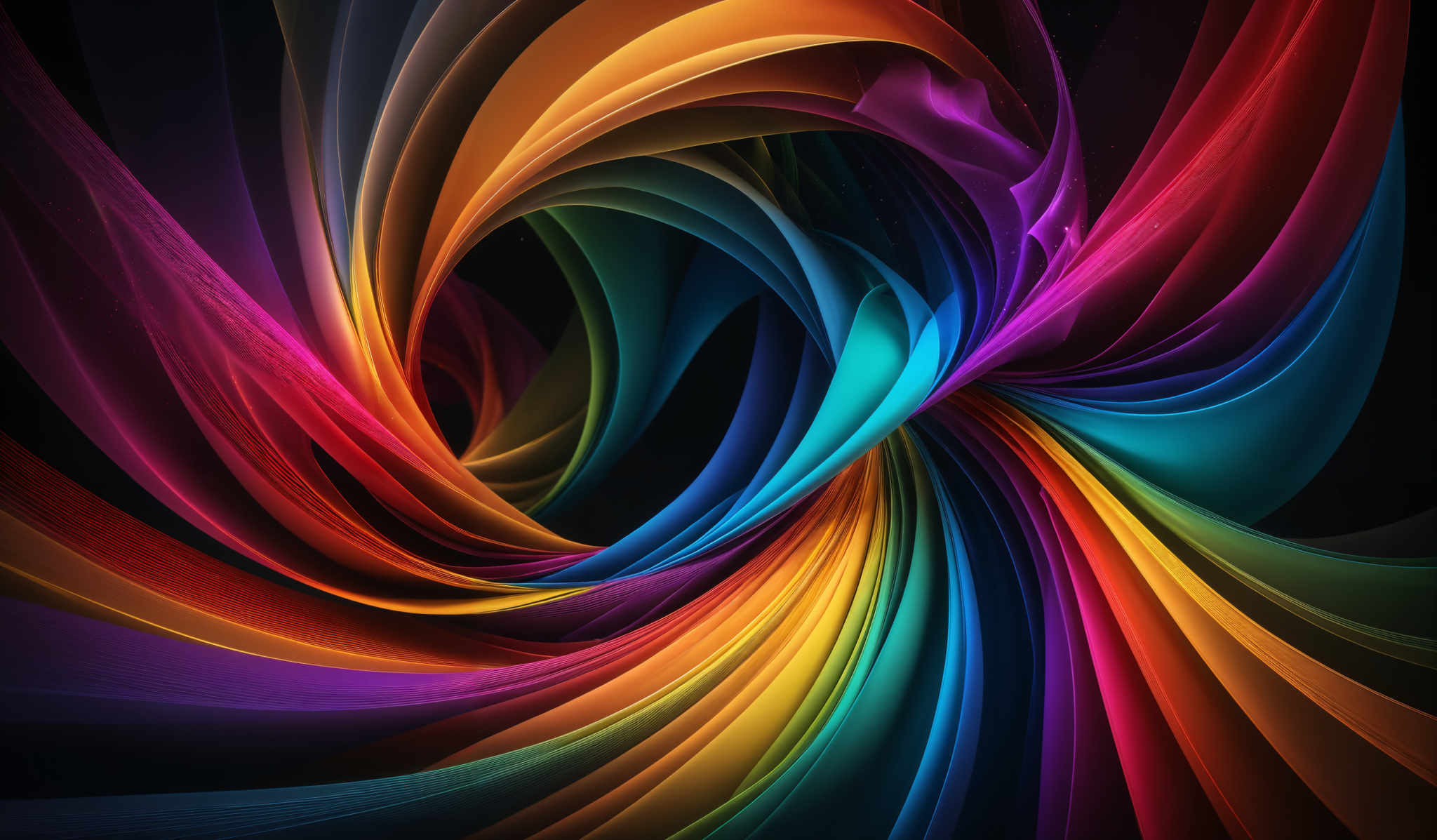 The image showcases a vibrant and dynamic swirl of colorful ribbons or tendrils. These tendrills are woven together in a spiraling pattern, creating a mesmerizing vortex of colors. The spectrum of colors includes deep blues, radiant purples, fiery oranges, and luminous yellows. The shapes are fluid and organic, giving the image a sense of movement and energy.