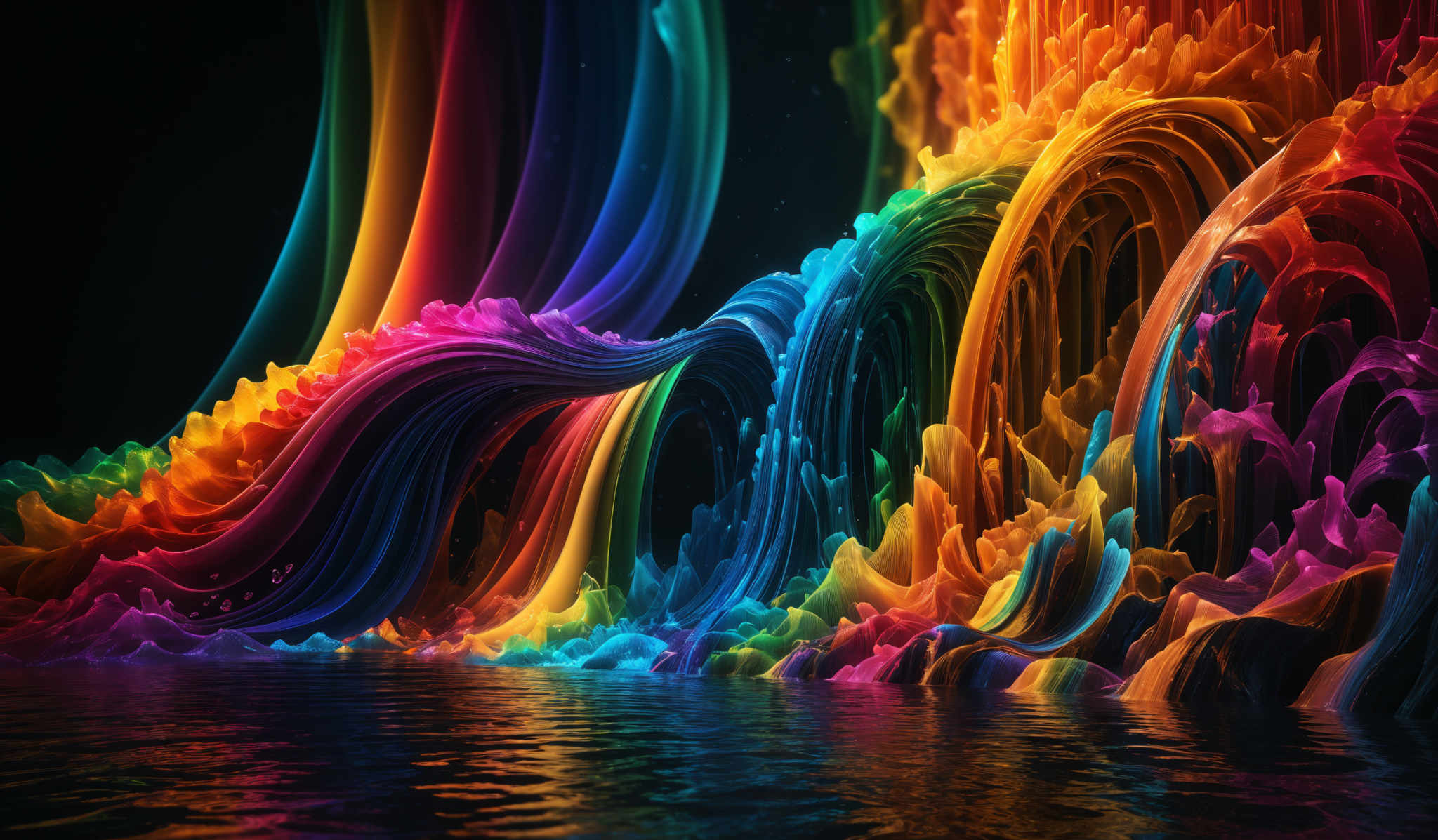 The image showcases a vibrant and dynamic interplay of colors. It features a myriad of hues, including blues, reds, yellows, and purples, that seem to flow and swirl in a fluid manner. The shapes are fluid and wavy, resembling waves or strands of colorful smoke. The colors appear to be emanating from a central point and cascading outwards, creating an almost otherworldly, dreamlike atmosphere. The entire scene is set against a dark background, which accentuates the vividness of the colors.