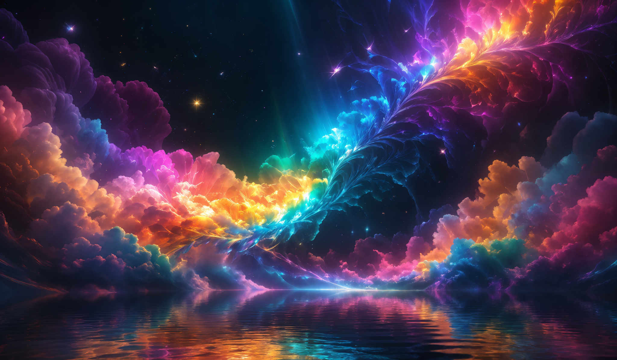 The image showcases a vibrant and mesmerizing cosmic scene. It features a myriad of colors ranging from deep blues and purples to fiery oranges, yellows, and reds. The colors seem to emanate from a radiant source, creating a beautiful contrast against the dark backdrop of space. The shapes are fluid and organic, resembling clouds or nebulas, swirling and intertwining with each other. The entire scene is reflected in a calm body of water below, creating an ethereal mirror effect.