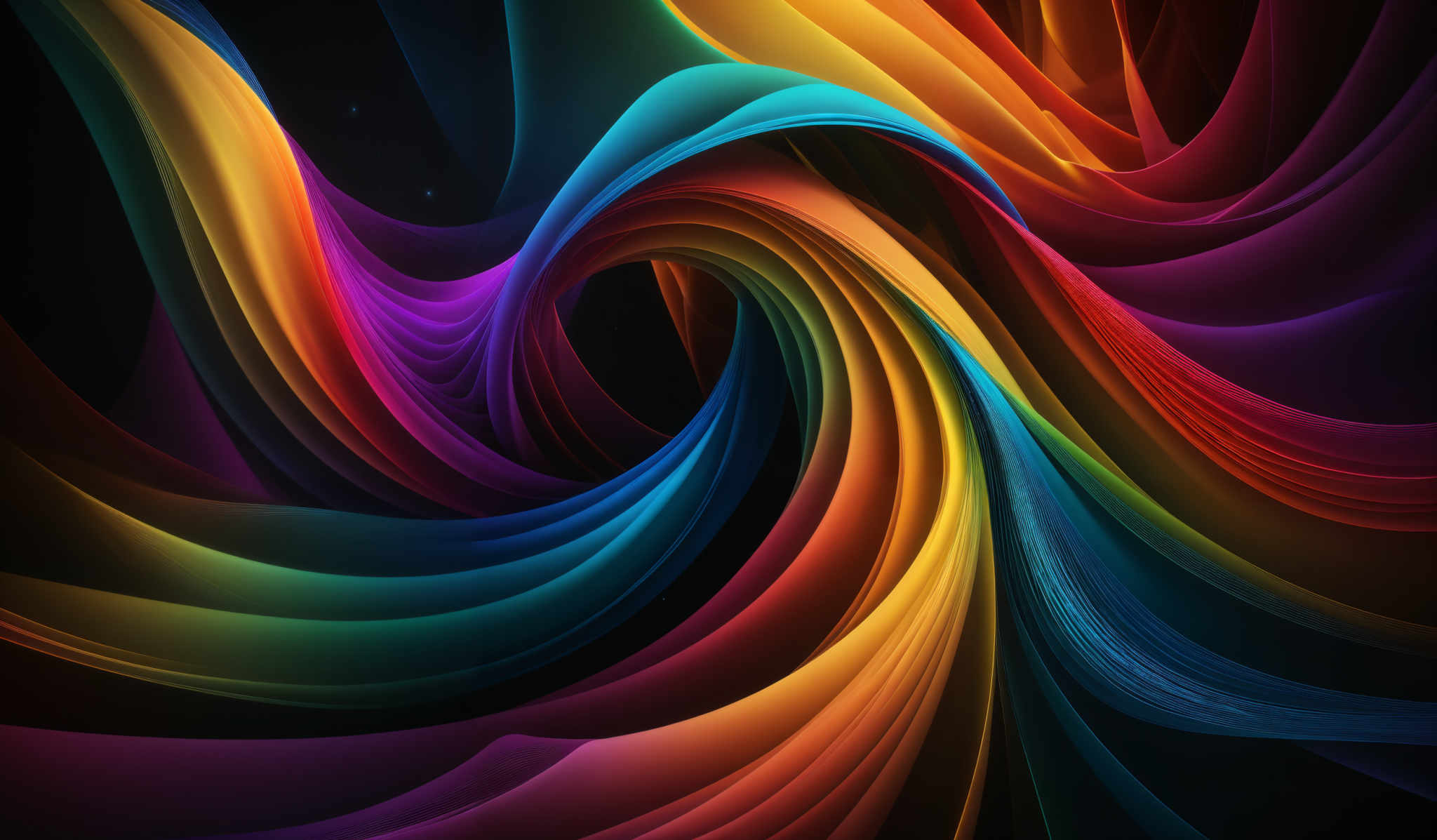 The image showcases a vibrant and dynamic abstract design. It features a swirling pattern of colorful ribbons or waves that spiral and intertwine. The colors range from deep blues and purples to bright yellows, oranges, and reds. The shapes are fluid and wavy, giving the impression of movement and energy. The background is dark, which accentuates the vividness of the colors and makes them pop.