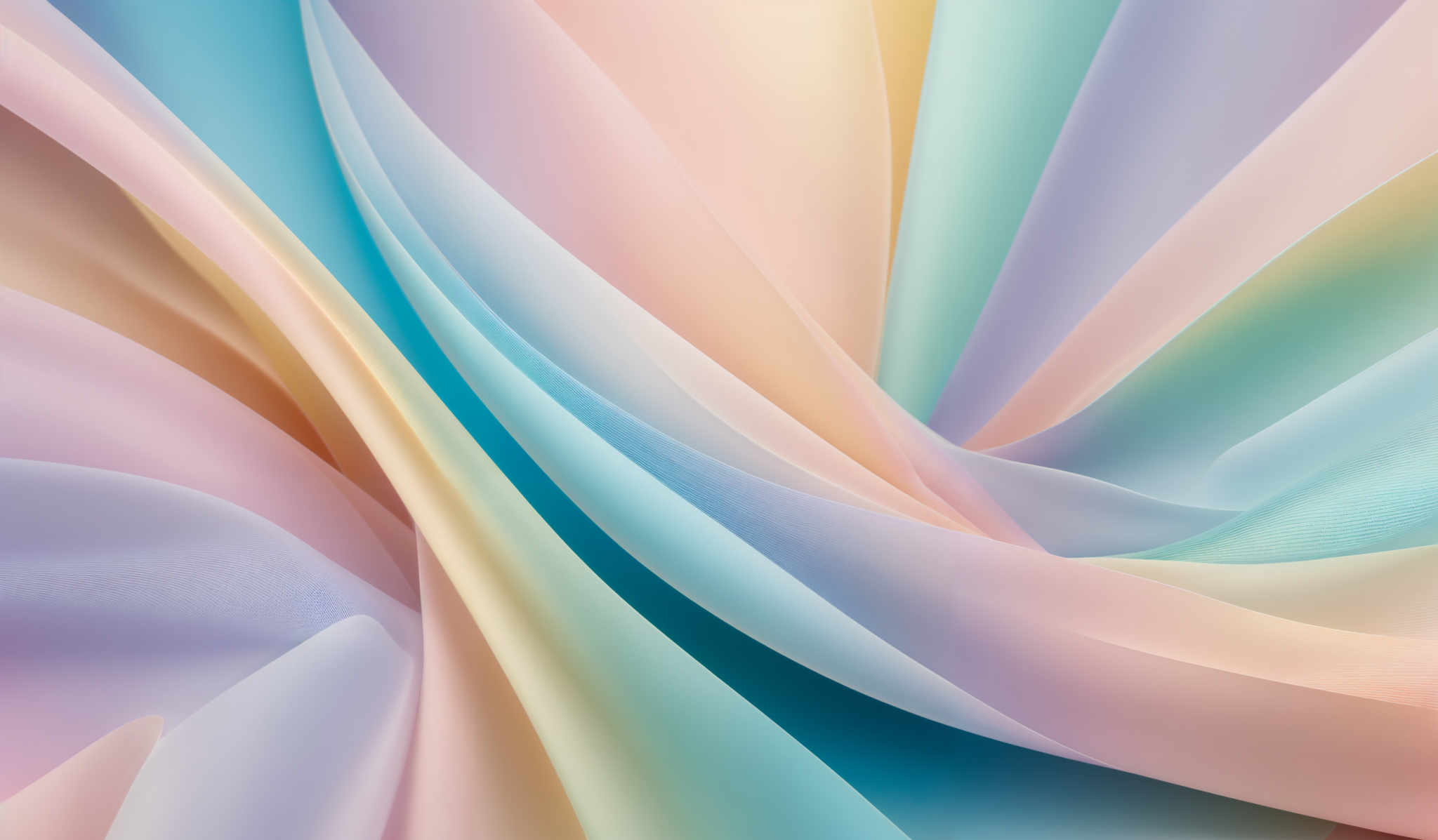 The image showcases a vibrant and dynamic array of colors, predominantly pastel shades of pink, blue, yellow, and green. The shapes are fluid and wavy, resembling overlapping ribbons or fabric. The interplay of these colors creates a harmonious and visually pleasing effect, giving the impression of a soft, flowing material or a delicate fabric in motion.