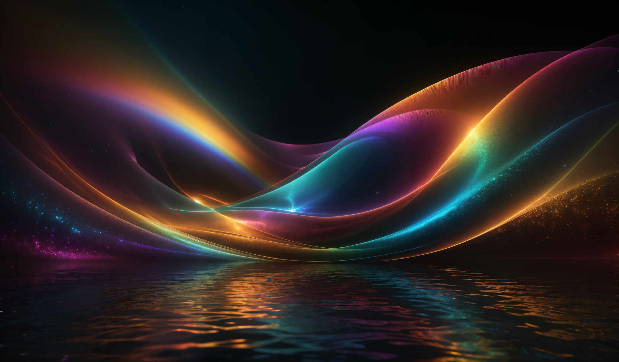 The image showcases a vibrant and mesmerizing interplay of colors. Dominant hues include deep blues, fiery oranges, and radiant purples. The shapes are fluid and wavy, reminiscent of waves or streams of light. The central portion of the image features a swirling vortex of colors, while the periphery is adorned with a galaxy-like backdrop of stars and cosmic dust. The entire scene is reflected in a serene body of water below, creating a mirror effect and adding depth to the composition.