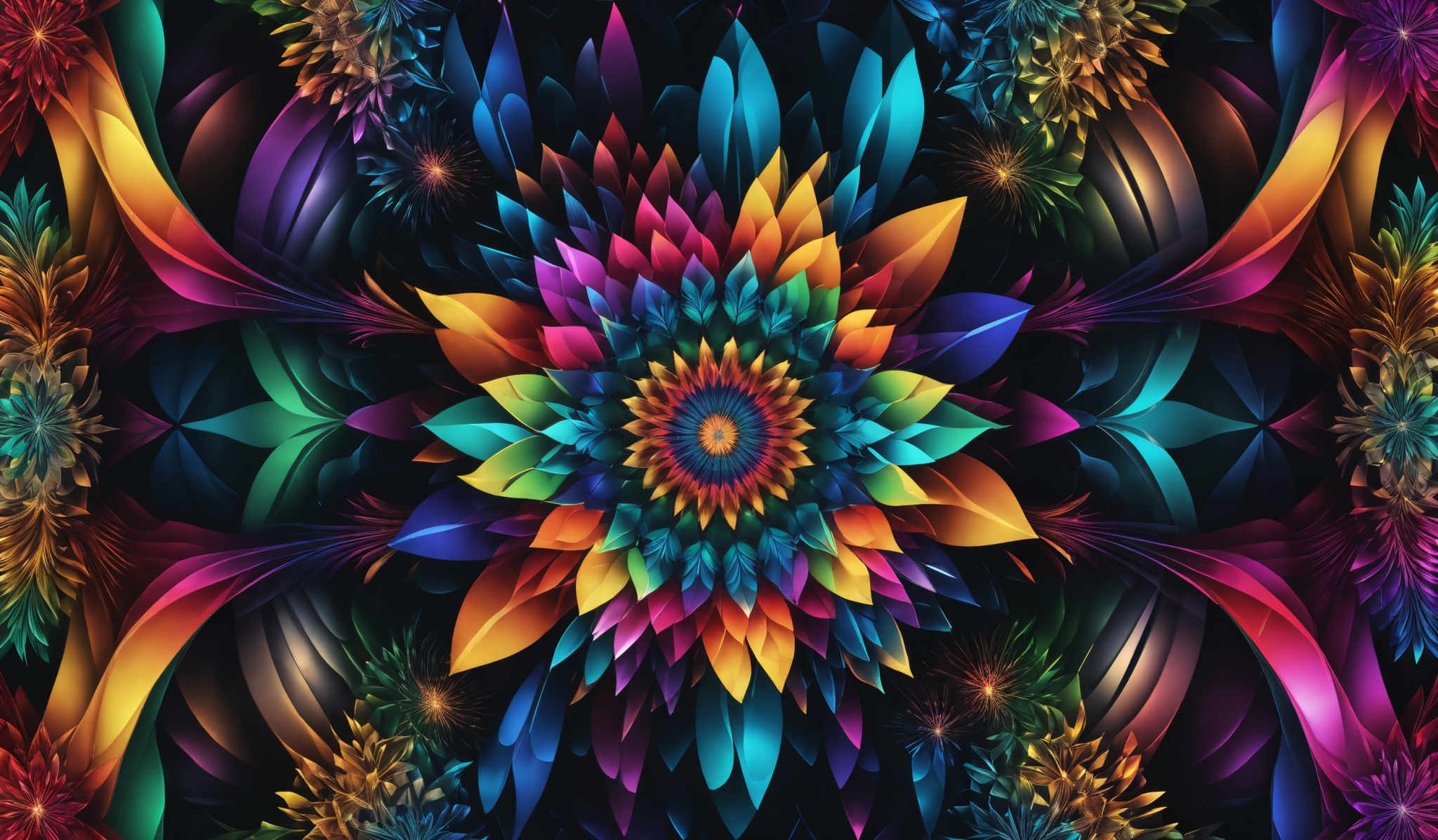 The image showcases a vibrant and intricate digital artwork. It features a central flower-like shape with petals radiating outwards in a symmetrical manner. The petals are multi-colored, with hues of blue, yellow, pink, and green. Surrounding the central flower are other abstract shapes and patterns, also in a variety of colors, creating a mesmerizing and dynamic visual effect.