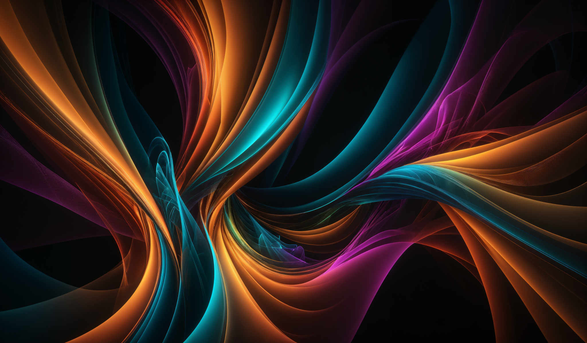 The image showcases a vibrant and dynamic abstract design. It features a myriad of colors, including deep blues, fiery oranges, and electric purples, all intertwined in fluid, wavy patterns. The shapes are reminiscent of flowing ribbons or tendrils, swirling and intertwining in a harmonious dance against a dark background. The overall effect is both mesmerizing and visually stunning, evoking feelings of movement and energy.