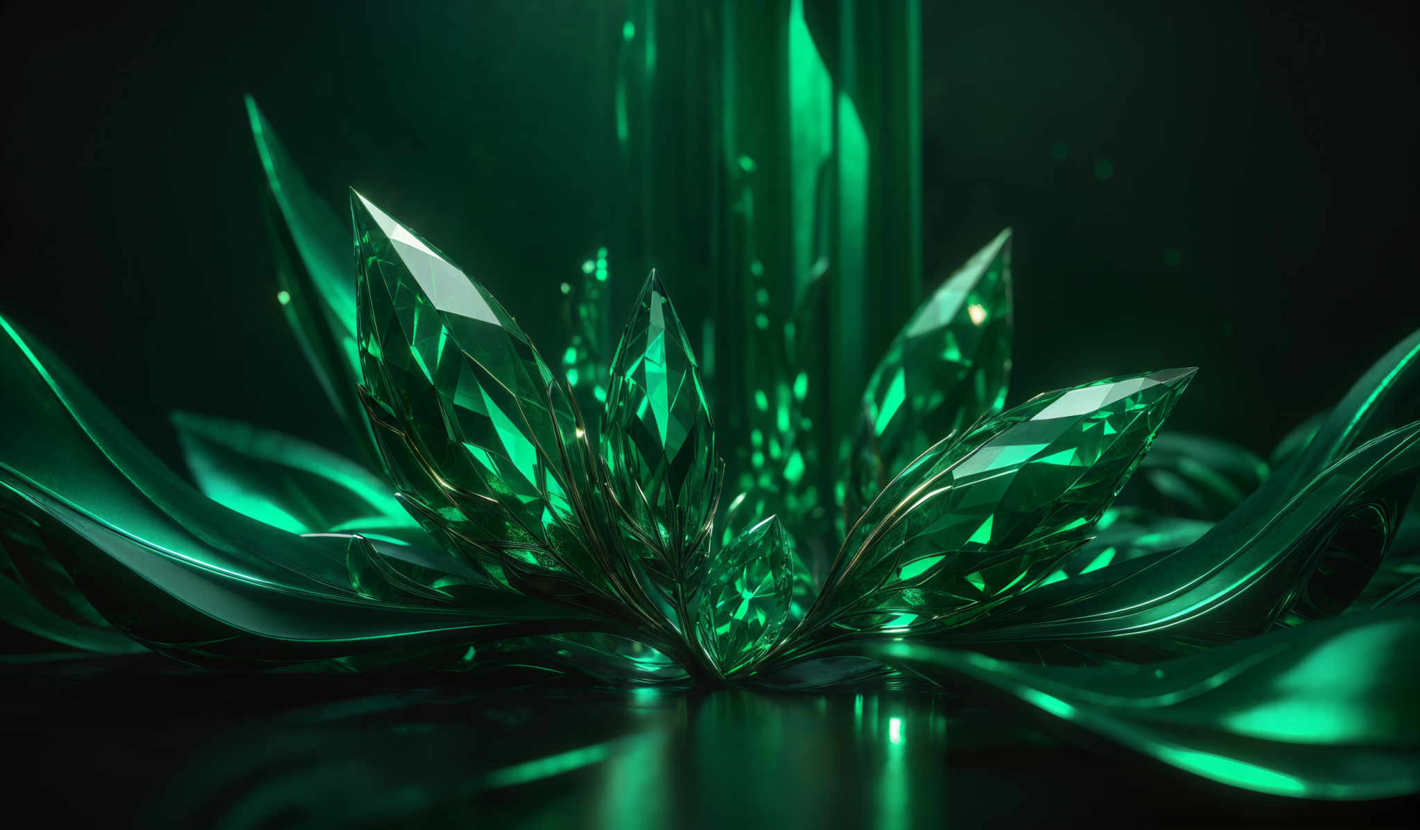 The image showcases a vibrant green color palette. The primary focus is on crystalline structures that resemble leaves or petals. These structures are sharp and faceted, reflecting light in a way that emphasizes their translucent nature. The background is dark, which accentuates the luminosity of the crystals. The overall impression is one of elegance and sophistication, reminiscent of a futuristic or otherworldly setting.