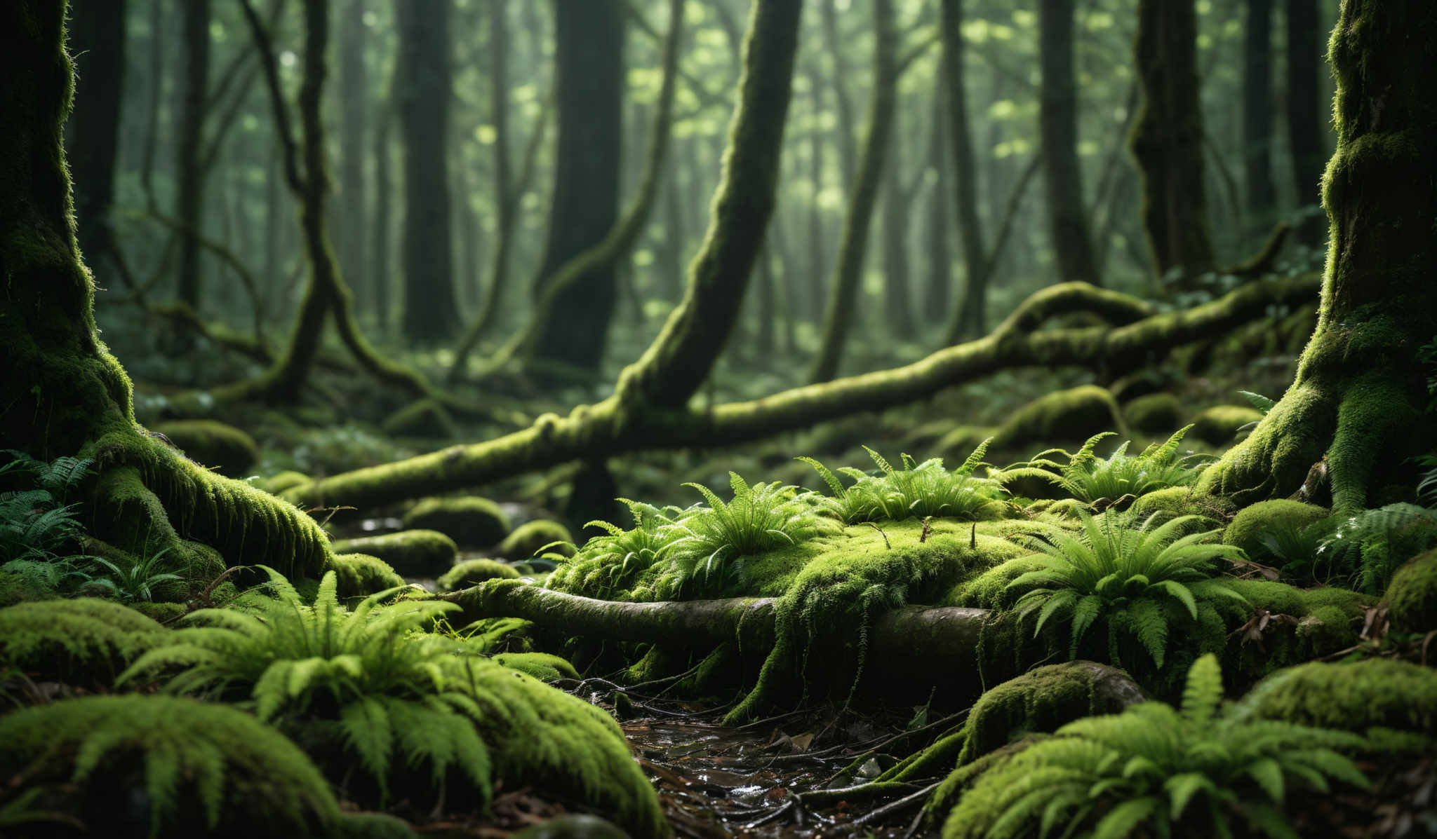 The image showcases a lush, verdant forest. The dominant colors are various shades of green, representing the moss-covered trees and ferns. The trees have a tall and slender shape, with their trunks covered in moss, giving them a green hue. The forest floor is carpeted with moss and fuzzy green plants, and there are small streams or puddles reflecting light. The overall ambiance is serene and mystical, with the play of light and shadow adding depth to the scene.