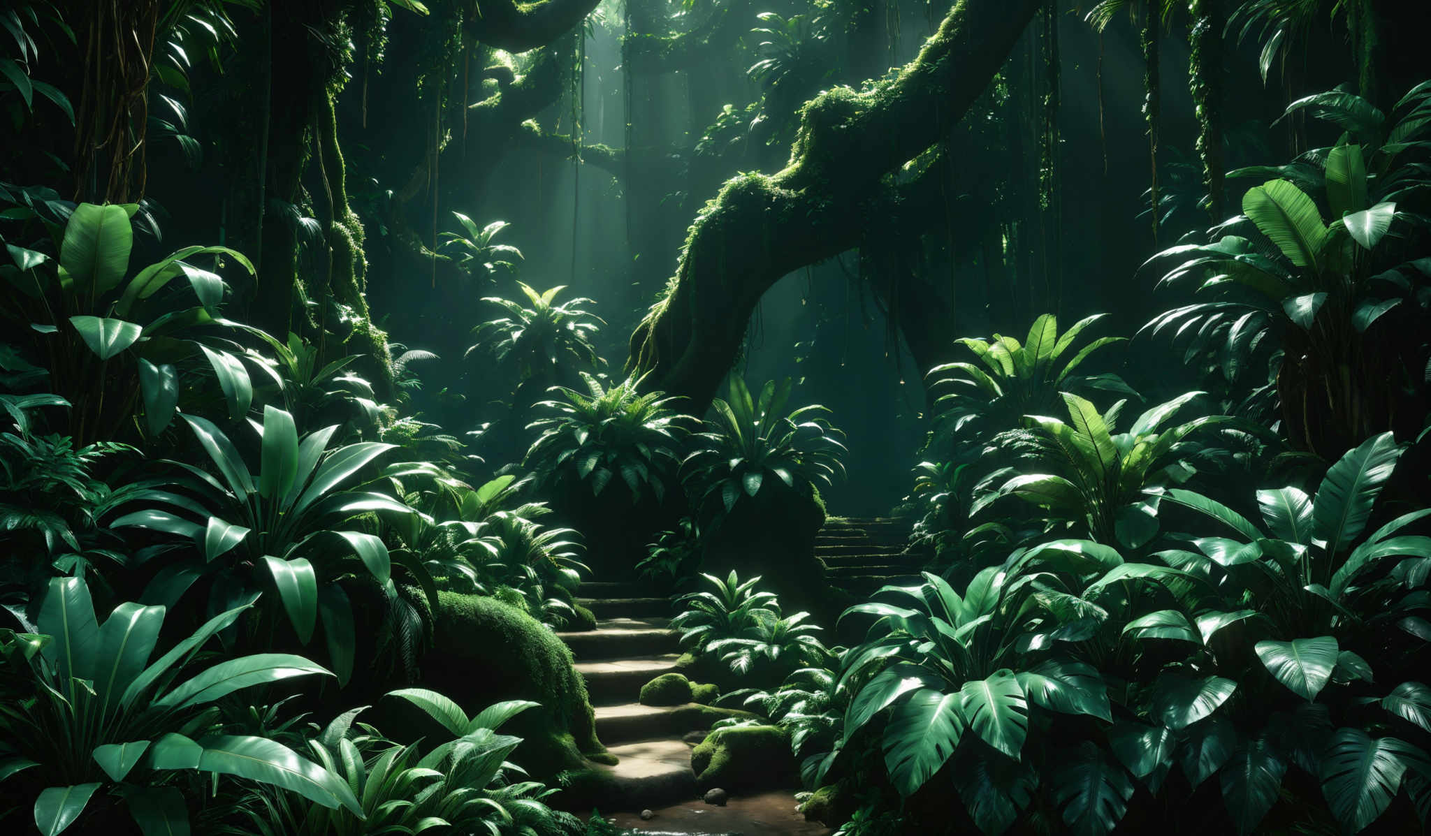 The image showcases a lush, dense jungle or forest. The dominant colors are various shades of green, representing the abundant foliage. The plants are diverse in shape, with some having broad leaves, while others have slender, elongated leaves. There are moss-covered rocks and pathways, suggesting a moist environment. The sunlight filtering through the canopy creates a serene and mystical ambiance.