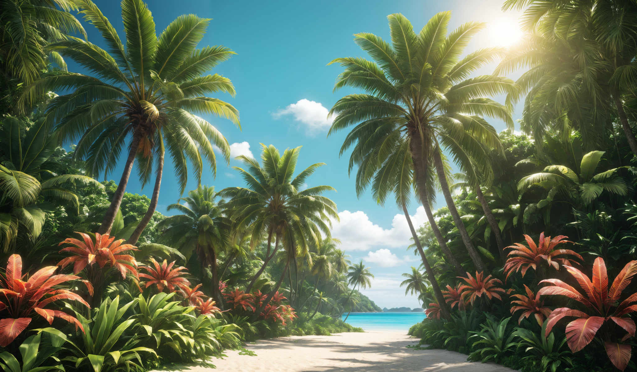 The image showcases a vibrant tropical landscape. Dominating the scene are tall palm trees with their characteristic fan-shaped leaves. The foliage is a lush green, indicating a healthy and dense jungle. In the foreground, there are striking red and orange flowers, adding a burst of color to the scene. The pathway leading to the beach is sandy and appears untouched, suggesting a secluded and pristine location. The sky is clear with a few scattered clouds, and the sun shines brightly, casting a warm glow over everything.