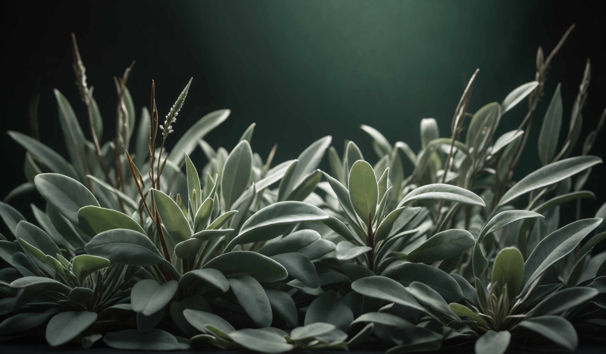 The image showcases a group of plants with elongated, pointed leaves. The leaves are a shade of light green, and the plants have a dense arrangement. There are also some slender, reddish-brown stems emerging from the foliage. The background is a deep green, creating a contrast with the plants, and there's a subtle gradient effect that fades from dark at the top to lighter at the bottom.