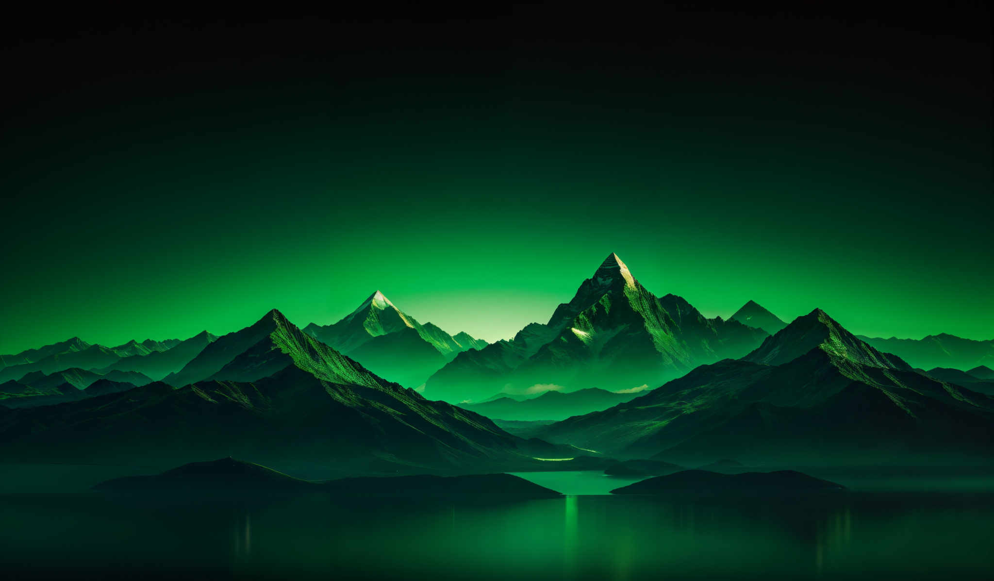 The image showcases a breathtaking landscape of towering mountains with sharp peaks. The mountains are bathed in a greenish hue, possibly due to the ambient light or a reflection from the sky. The sky above is a gradient of deep green, transitioning to a darker shade at the top. The reflection of the mountains can be seen in a serene body of water below, creating a mirror effect. The overall ambiance of the image is mystical and serene.