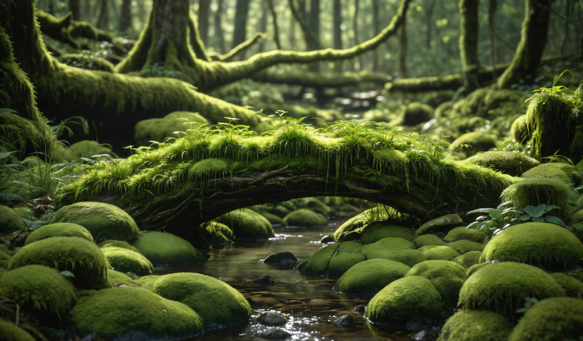 The image showcases a lush, verdant forest with tall trees covered in moss. The ground is carpeted with moss-covered stones and rocks, forming a natural bridge over a small stream. The mossy stones are of varying sizes, with some being round and others more elongated. The forest floor is dappled with sunlight, creating a serene and mystical ambiance.