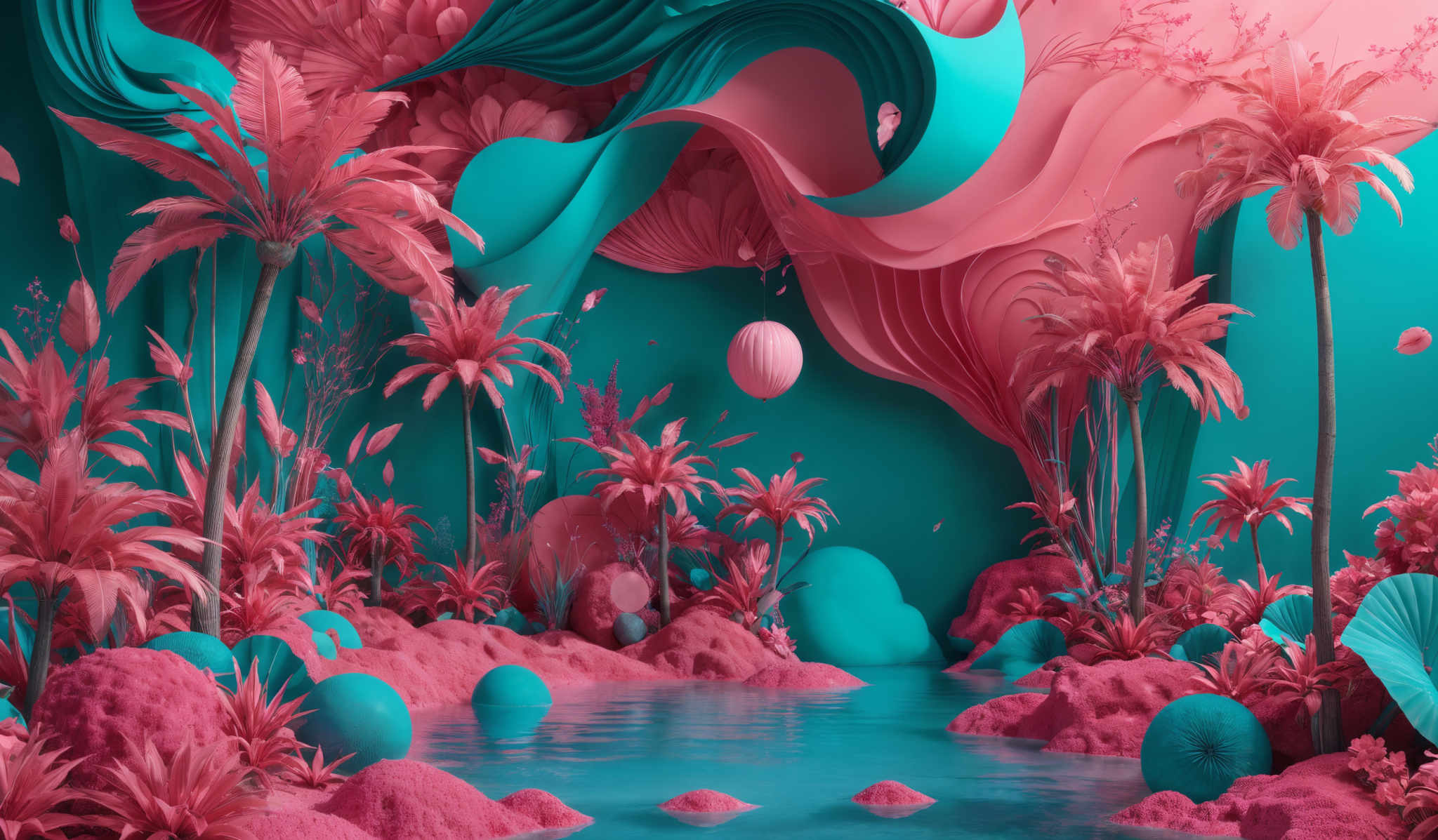 The image showcases a vibrant and surreal landscape. The dominant colors are shades of pink and turquoise. The scene is dominated by large, rounded, and smooth structures that resemble both rocks and organic forms. These structures are interspersed with various plants, including tall palm trees and other tropical flora. The water body in the center reflects the surrounding environment, adding depth to the scene. The overall ambiance is dreamy and otherworldly.