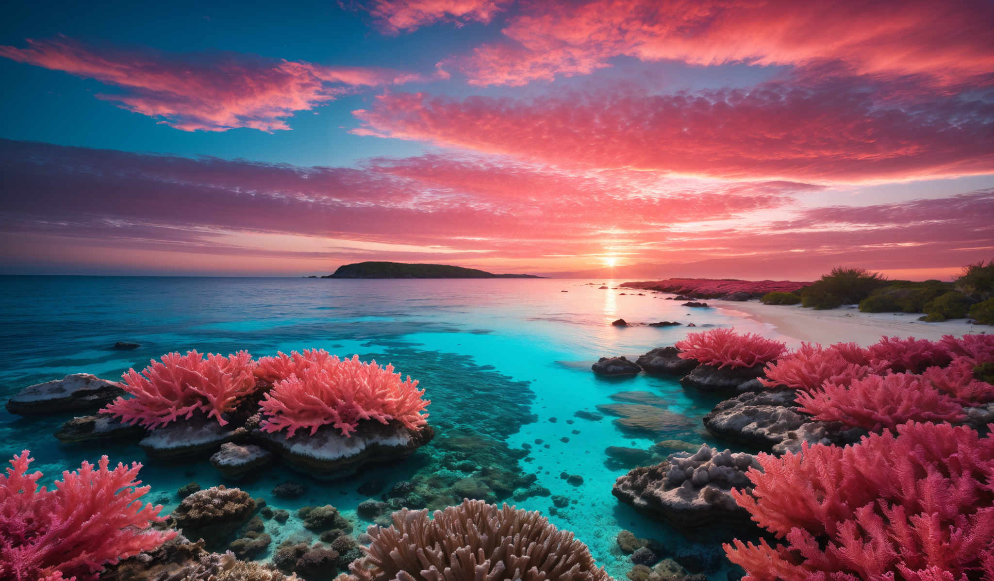 The image showcases a breathtaking seascape during sunset. The sky is painted with hues of pink, orange, and blue, with the sun setting on the horizon. The water reflects the vibrant colors of the sky, transitioning from a deep blue near the horizon to a turquoise closer to the shore. Closer to the foreground, there are vibrantly colored corals, predominantly in shades of pinks and purples, growing on the rocks. The corals appear to be in various shapes, with some resembling bushy plants and others more branched structures. The coastline is visible with sandy beaches and some vegetation. In the distance, there's an island or a small landmass.