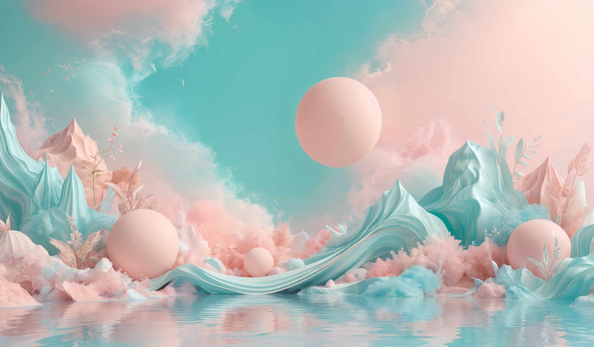 The image showcases a surreal and dreamy landscape. The dominant colors are soft pastels, with hues of pink, blue, and white. The scene features a large, round, peach-colored orb floating in the sky, surrounded by a misty, cloud-like formation. Below, there are abstract, wave-like structures in shades of blue and white, interspersed with pinkish fluffy clouds. The water reflects these structures, adding depth to the scene. There are also various plants and foliage, including tall grasses and some leafy plants, which add a touch of natural element to the otherwise fantastical setting.