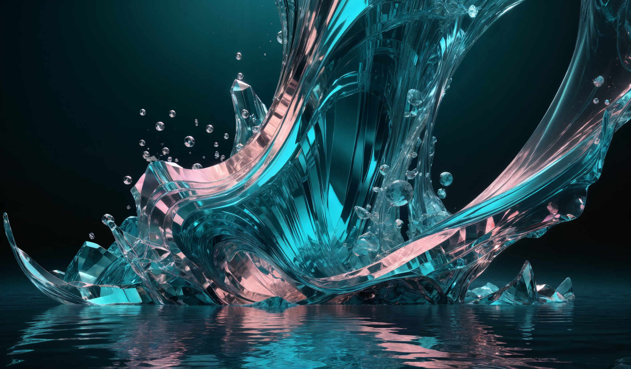 The image showcases a vibrant and dynamic scene of what appears to be a fluid or liquid, possibly water, in motion. The fluid takes on a wavy and swirling form, with hues of turquoise, teal, and hints of pink. Bubbles are scattered throughout, suggesting movement and turbulence. The shape is fluid, with curves and twists, giving an impression of motion captured in a still frame. The background is dark, which accentuates the luminescence and vibrancy of the fluid.