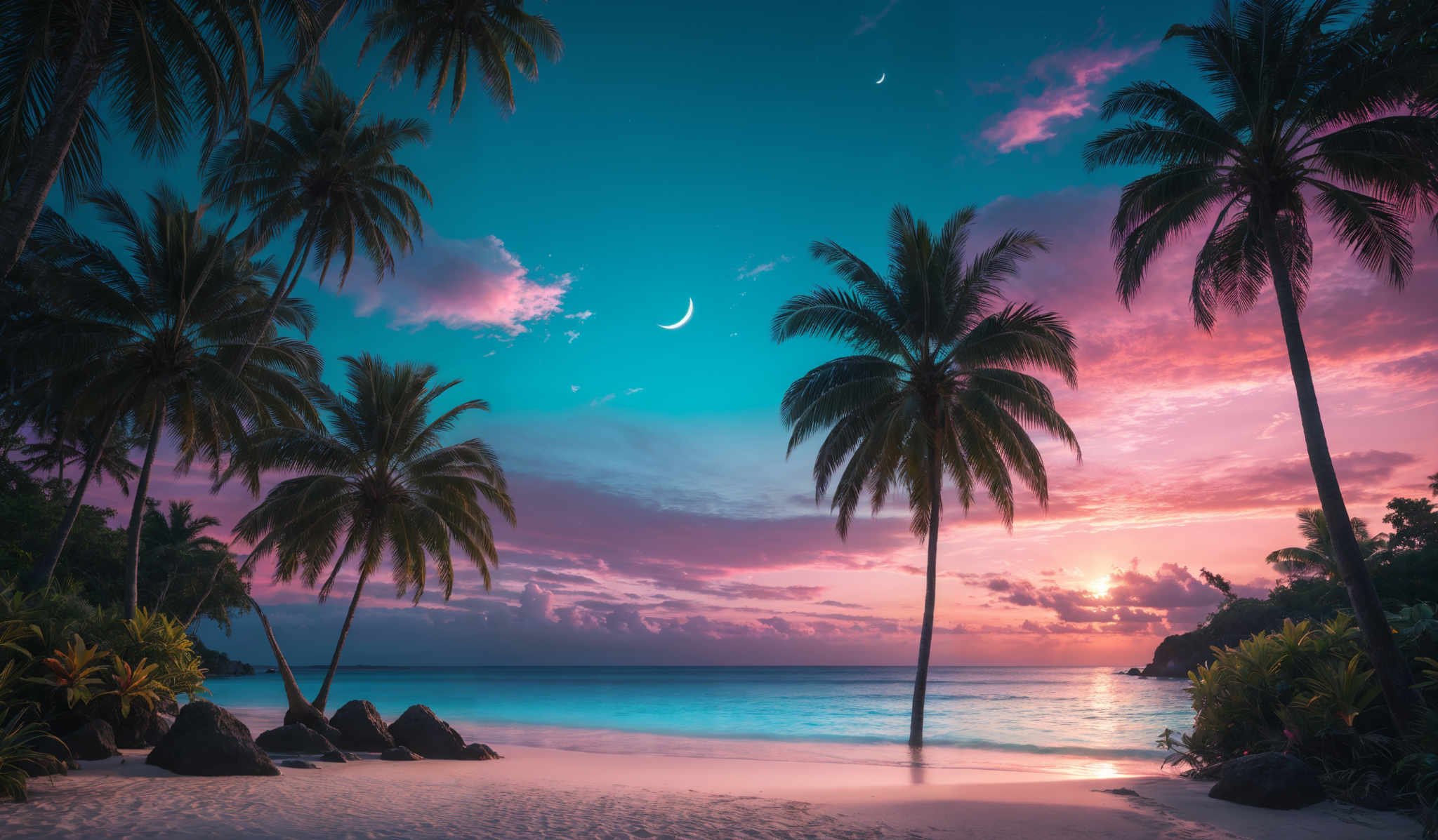 The image showcases a breathtaking tropical beach scene during sunset or sunrise. The sky is painted with hues of pink, purple, and blue, with a crescent moon visible. The beach is adorned with tall palm trees, their fronds swaying gently. The sandy beach is dotted with rocks and is leading up to the calm waters of the sea. The horizon reveals a silhouette of a distant landmass or island.