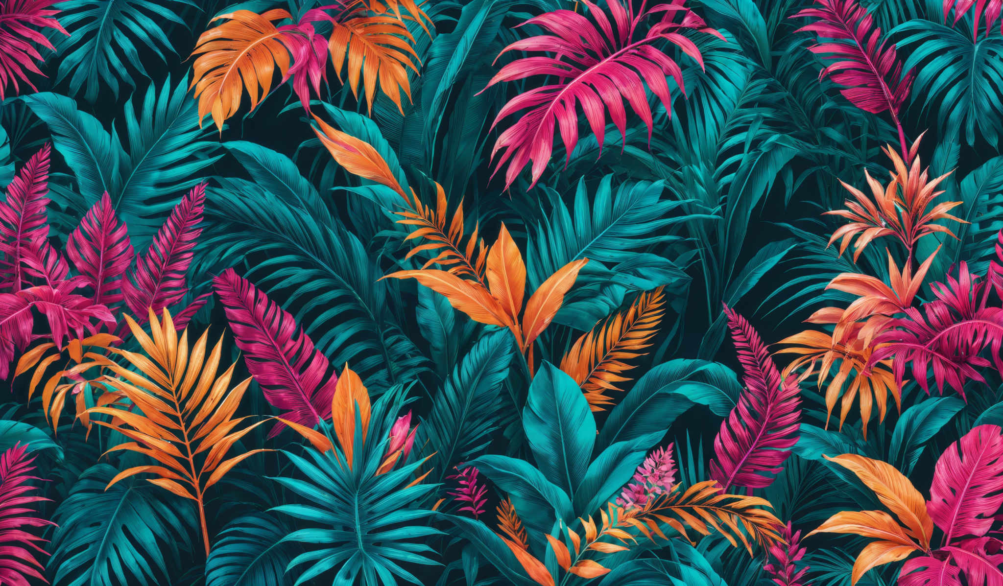 The image showcases a vibrant and dense tropical foliage pattern. The dominant colors are shades of green, pink, and orange. The leaves are varied in shape, with some resembling elongated palm fronds and others having a more fan-like appearance. The pink and orange leaves stand out against the predominantly green backdrop, creating a striking contrast.