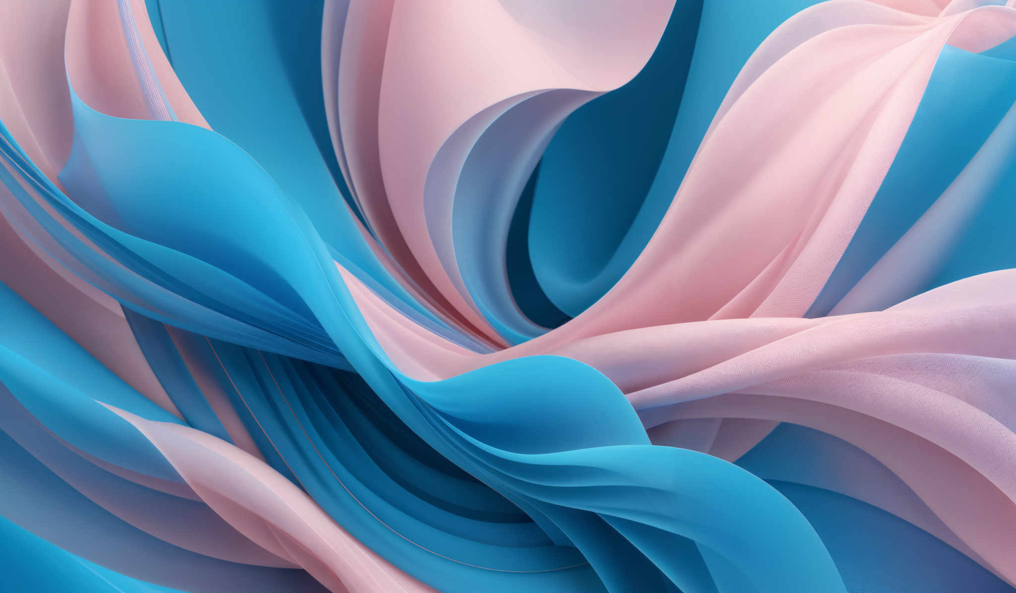 The image showcases a vibrant and dynamic abstract design. It predominantly features flowing, wavy shapes in shades of blue and pink. The blue shapes are more solid and defined, while the pink ones have a translucent quality, giving them a soft and ethereal appearance. The overlapping and intertwining of these shapes create a sense of movement and fluidity, reminiscent of waves or ribbons in motion.