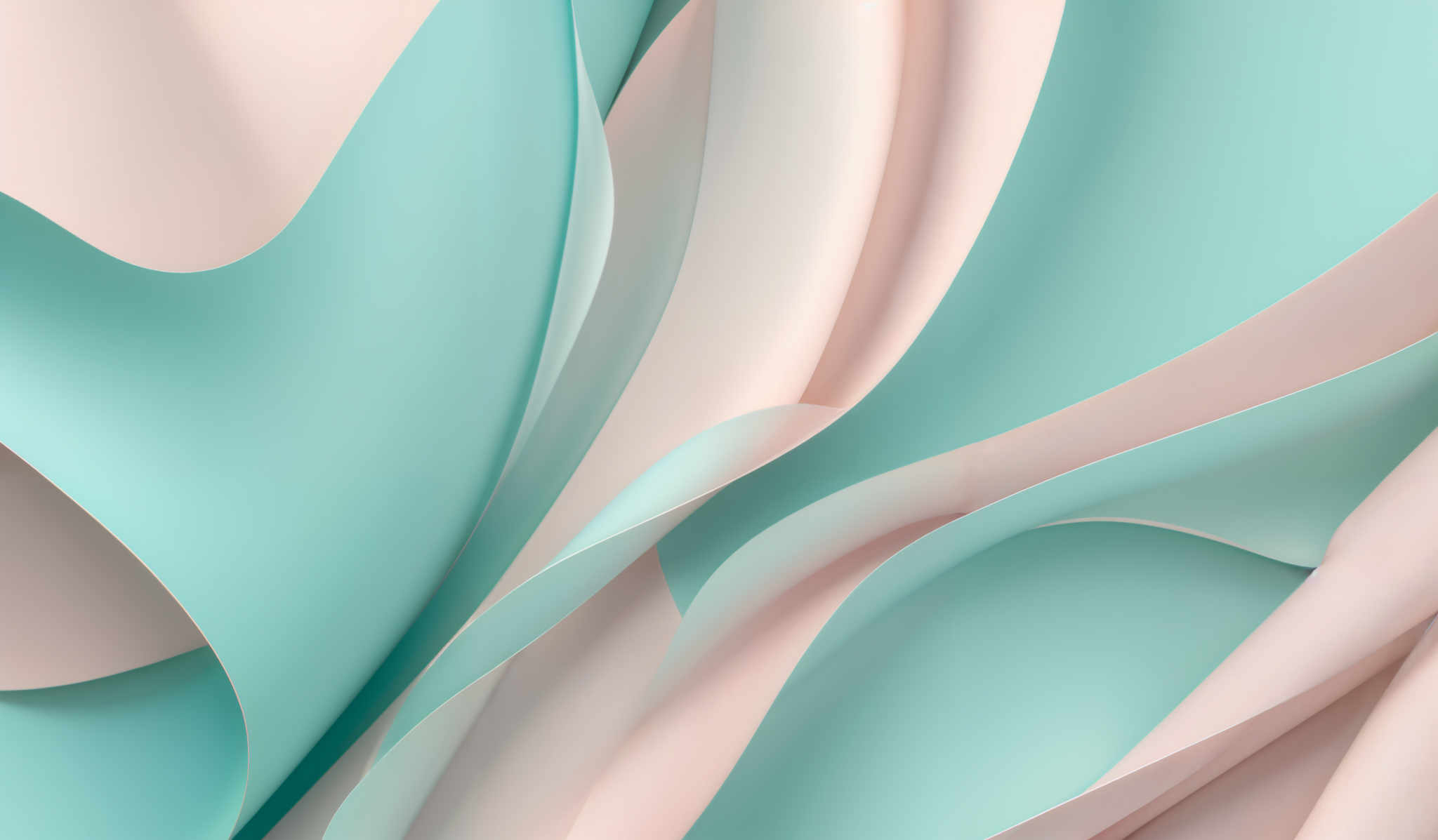 The image showcases a series of overlapping, curved shapes in a soft pastel color palette. The dominant colors are shades of teal and peach. The shapes appear fluid and wavy, creating a sense of movement and depth. The interplay of light and shadow on these shapes adds a three-dimensional quality to the image, making it appear as though the shapes are made of a soft, flowing material.