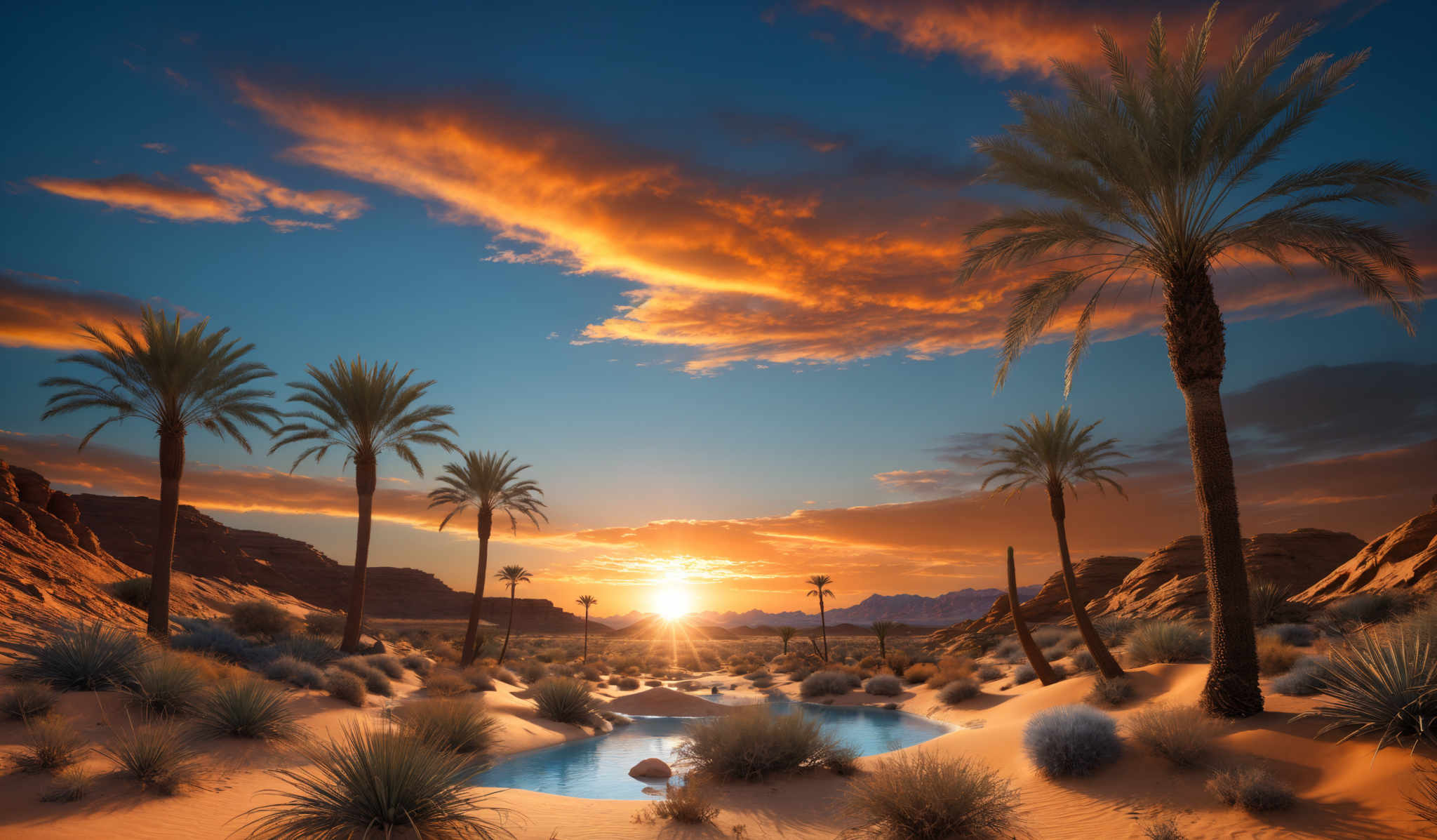 The image showcases a breathtaking desert landscape during sunset. The sky is painted with vibrant hues of orange, red, and blue, with the sun setting in the distance, casting a golden glow. The desert is dotted with tall palm trees, their fronds swaying gently. The ground is covered in golden sand, interspersed with tufts of blueish-green grass and a few scattered rocks. A serene water body reflects the colors of the sky, creating a contrast with the arid surroundings. The rugged mountains in the background add depth and a sense of vastness to the scene.