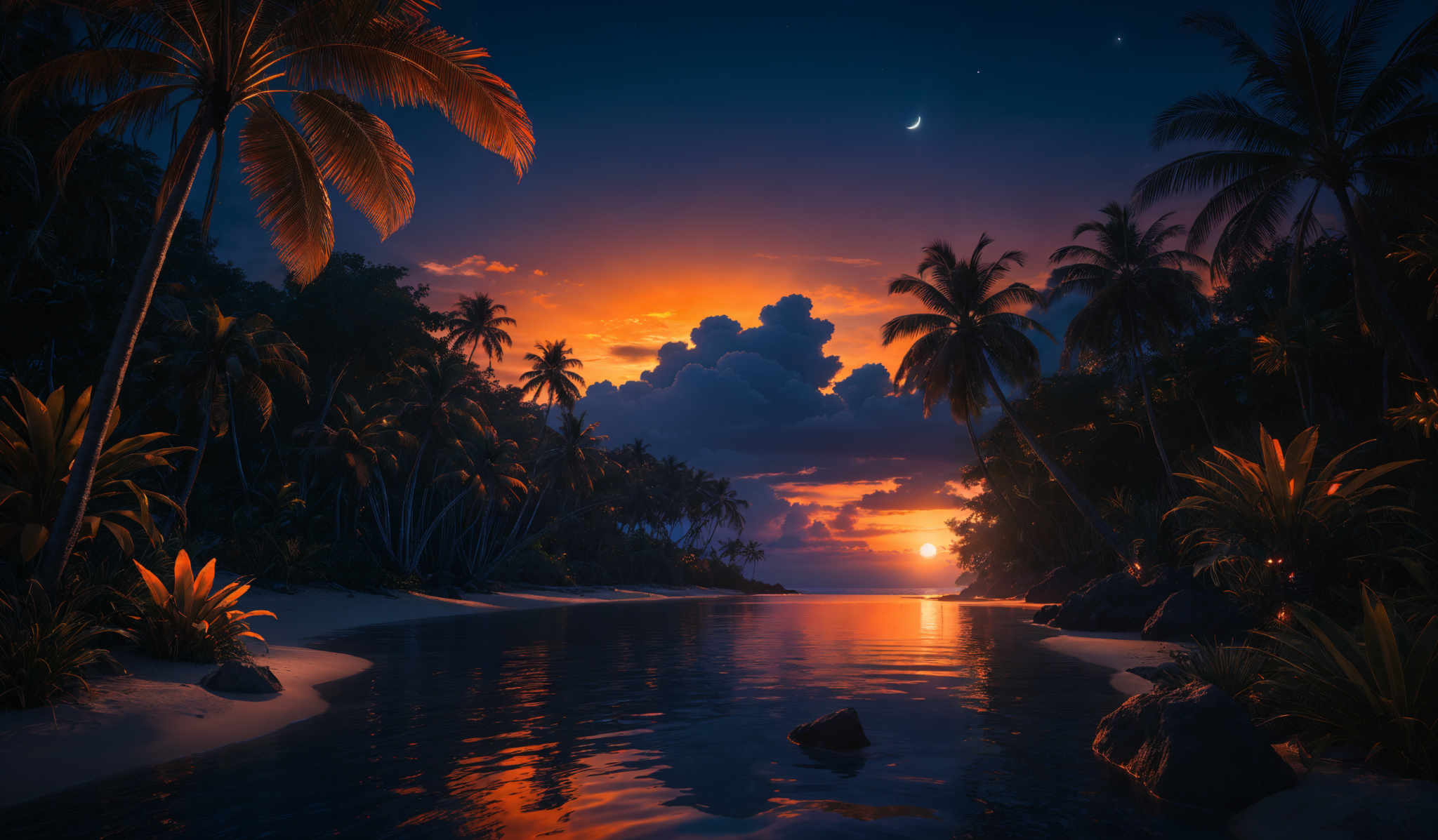 The image showcases a breathtaking tropical landscape during sunset. The sky is painted with hues of orange, yellow, and deep blue, with the sun setting on the horizon. There are fluffy white clouds scattered across the sky, reflecting the sun's golden light. A crescent moon is also visible in the sky. The foreground features a serene body of water with calm reflections of the sky and surrounding vegetation. Tall palm trees with long fronds dominate the scene, casting shadows on the water. The vegetation includes various tropical plants, with some illuminated by the setting sun, giving them a warm, golden glow.