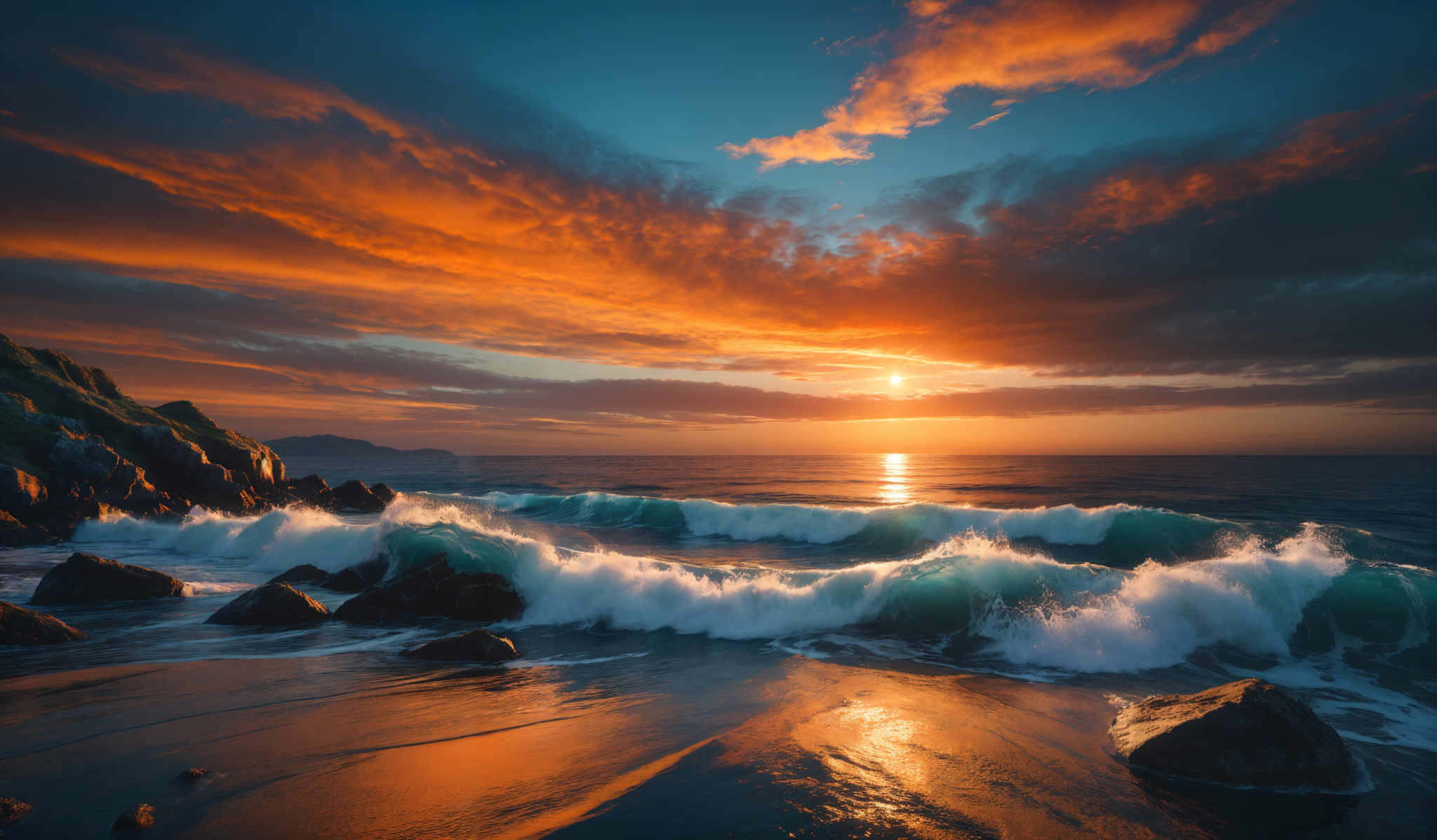 The image showcases a breathtaking seascape during sunset. The sky is painted with hues of orange, gold, and deep blue, with dramatic cloud formations illuminated by the setting sun. The sun itself is a bright, golden orb, casting a warm glow over the horizon. Below, the sea is tumultuous, with waves crashing onto the shore and creating white foam. The waves have a translucent greenish hue, contrasting with the dark, rugged rocks on the shore. On the left, there's a cliff covered in green vegetation, adding depth and contrast to the scene.