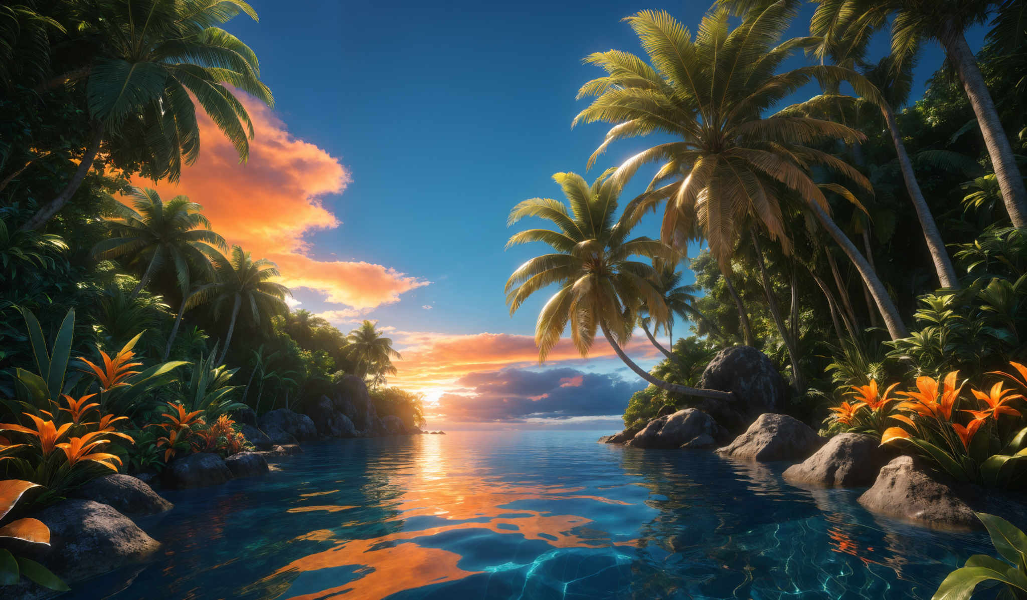 The image showcases a breathtaking tropical landscape during sunset. The sky is painted with hues of orange, pink, and blue, with the sun setting on the horizon. The water reflects these colors, creating a serene ambiance. The foreground is dominated by tall palm trees with their fronds swaying, and there are vibrant orange flowers near the water's edge. Rocks are scattered throughout the water, and the entire scene exudes a sense of tranquility and natural beauty.