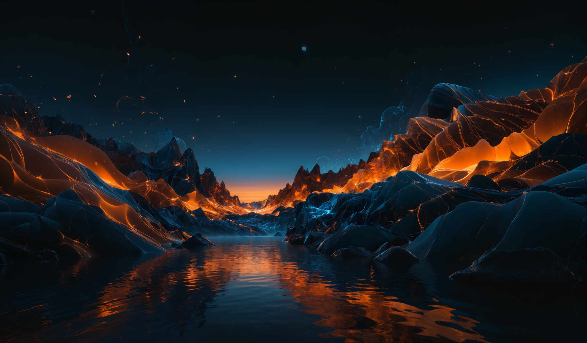 The image showcases a surreal landscape with jagged, rocky mountains that are illuminated with a fiery orange and red glow. These mountains are juxtaposed against a serene blue backdrop, possibly representing a body of water or the sky. The sky is dotted with small, glowing particles, possibly stars or distant galaxies. The water reflects the fiery mountains and the celestial bodies, creating a mirrored effect. The overall ambiance of the image is both mysterious and awe-inspiring.